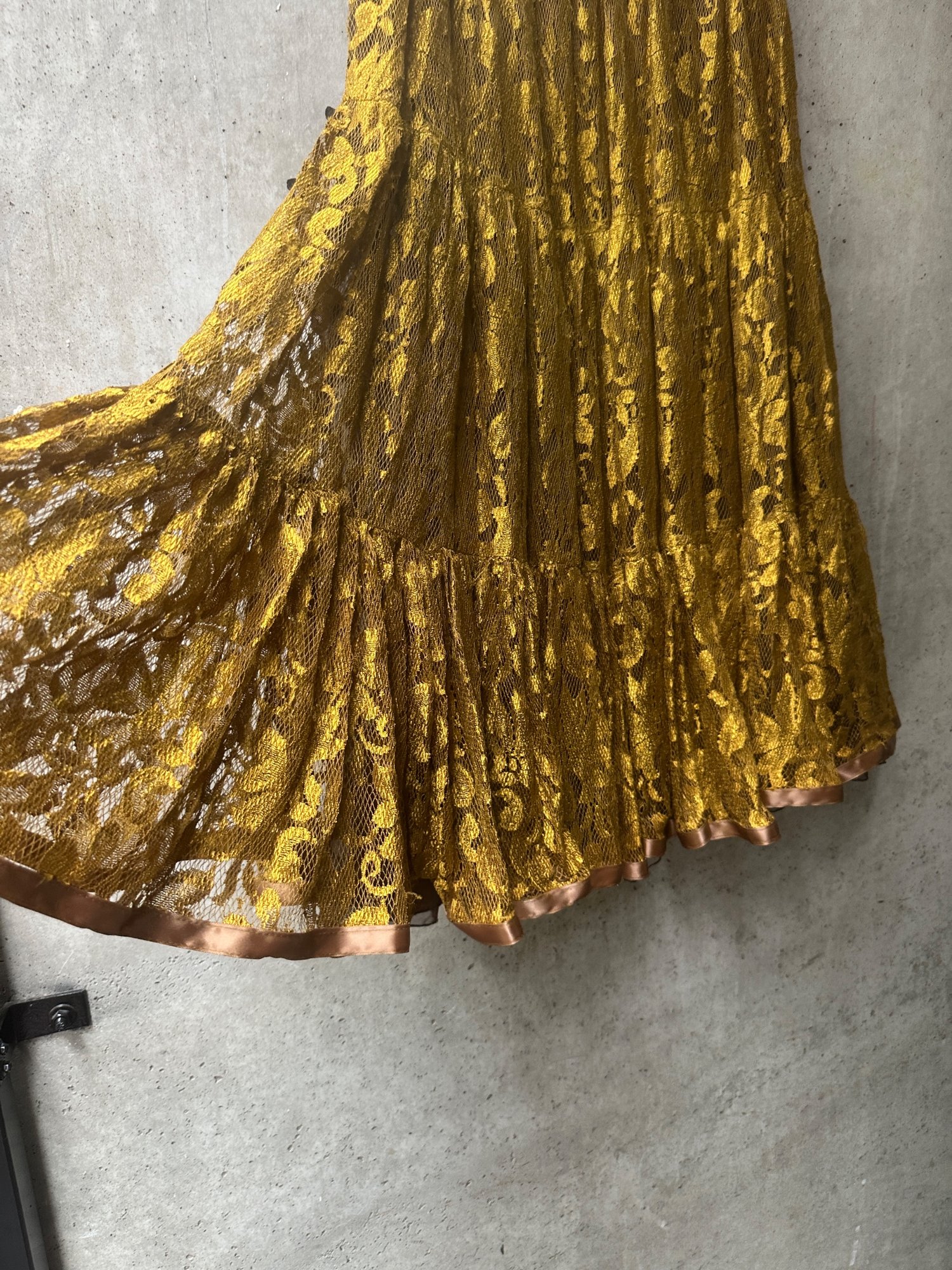 1980s-2000s Lace by Conné Carlton Mustard Lace Tiered Maxi Skirt, image 5