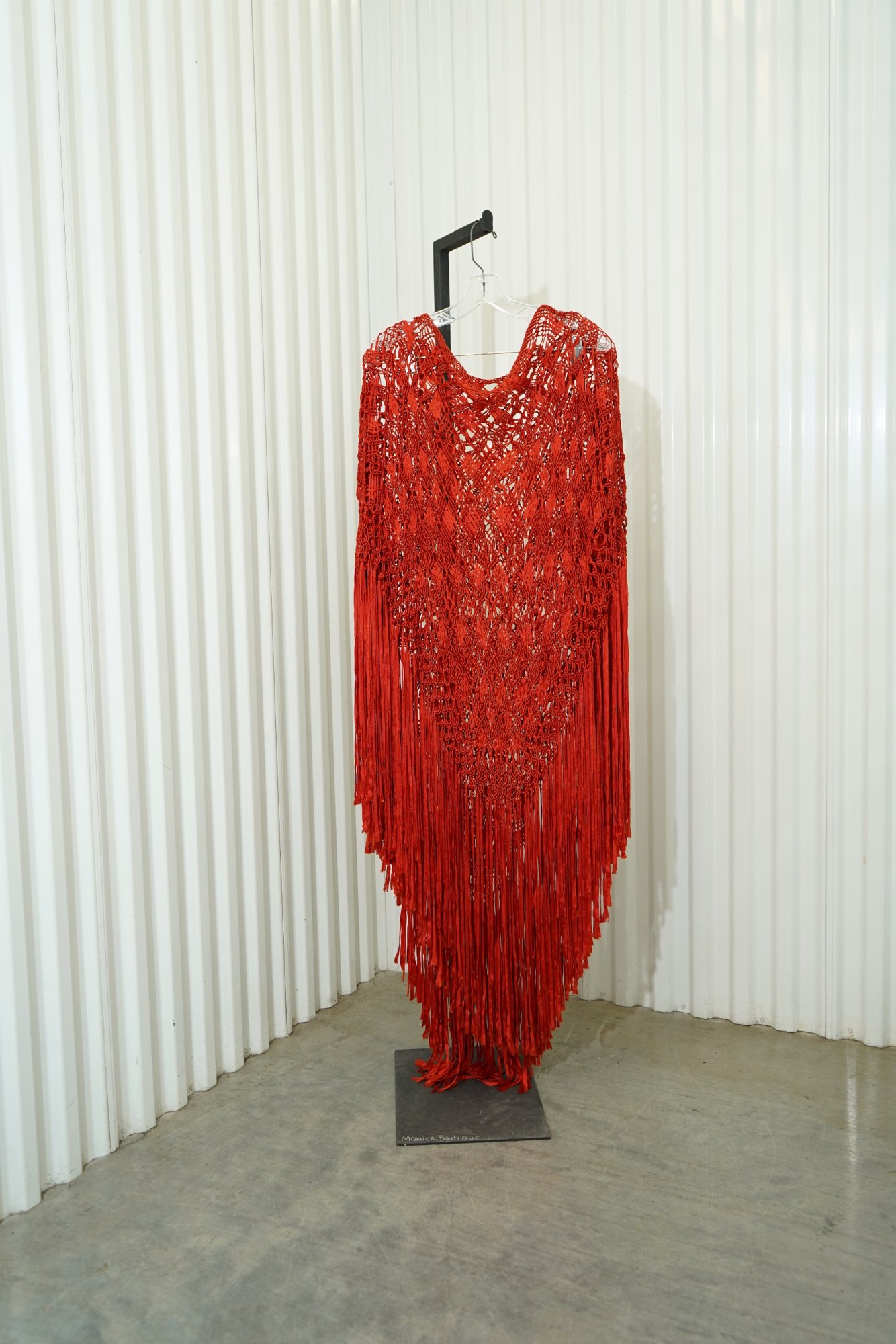 1970 Vintage Silk Macramé Poncho in Cherry Red, Long Fringe, image 2