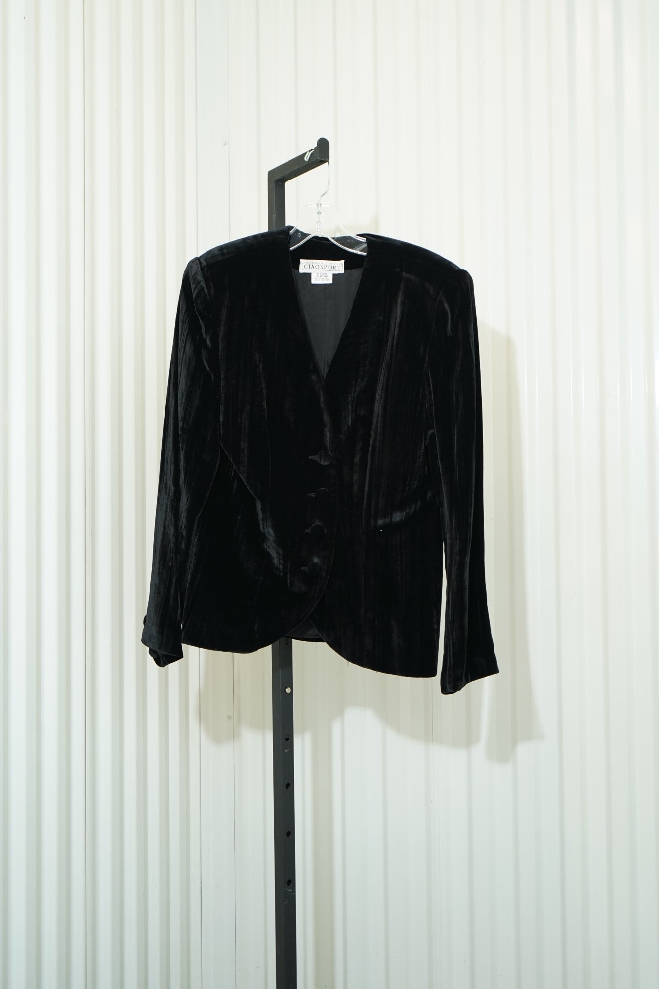 80s Sanda Roth Ciao Sport Black Crushed Velvet Collareless Jacket Deep V Open F…, image 2