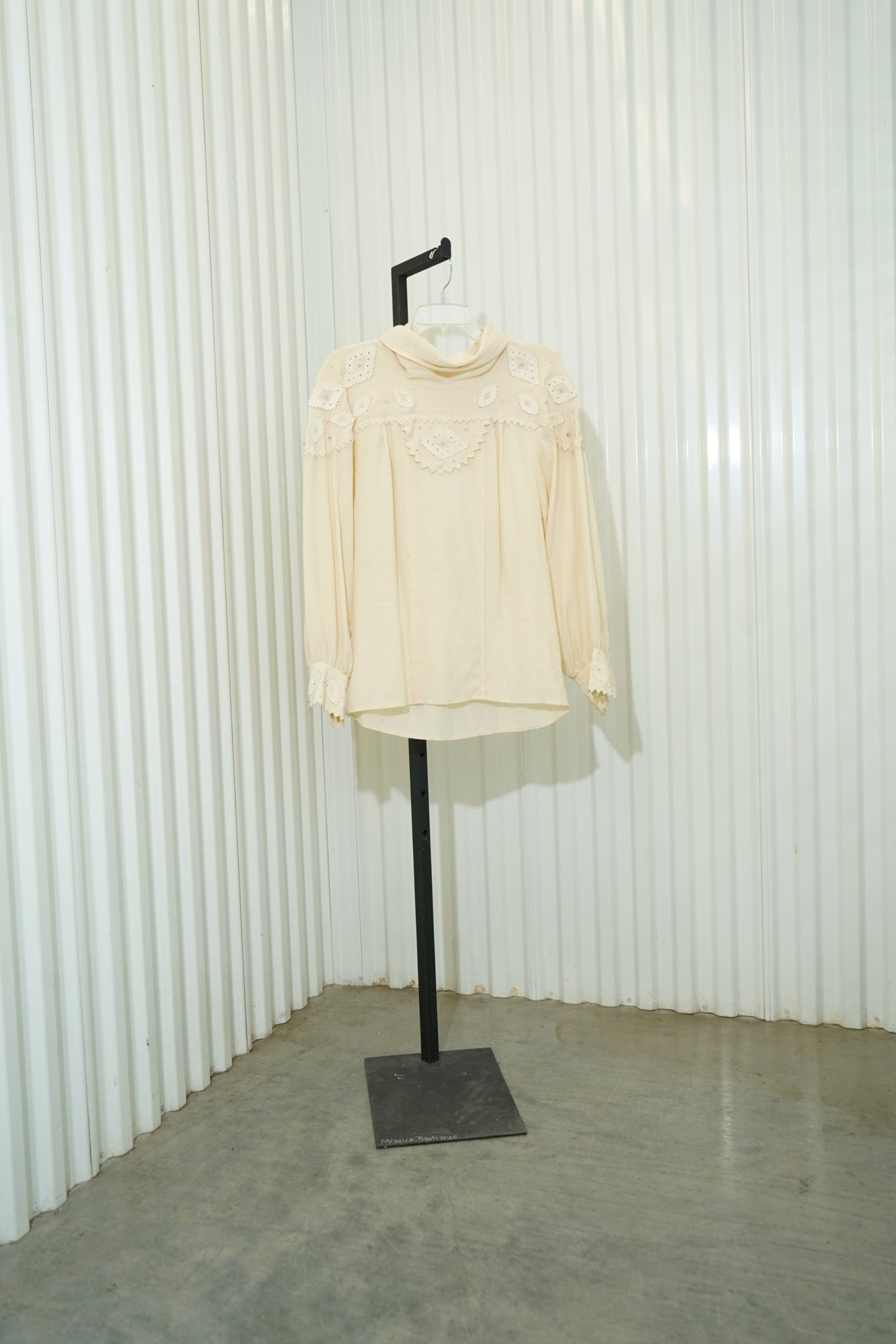 1970s Levanté Ivory Diamond Cutout Western Cowl Neck Beaded Long Sleeve Blouse, image 2