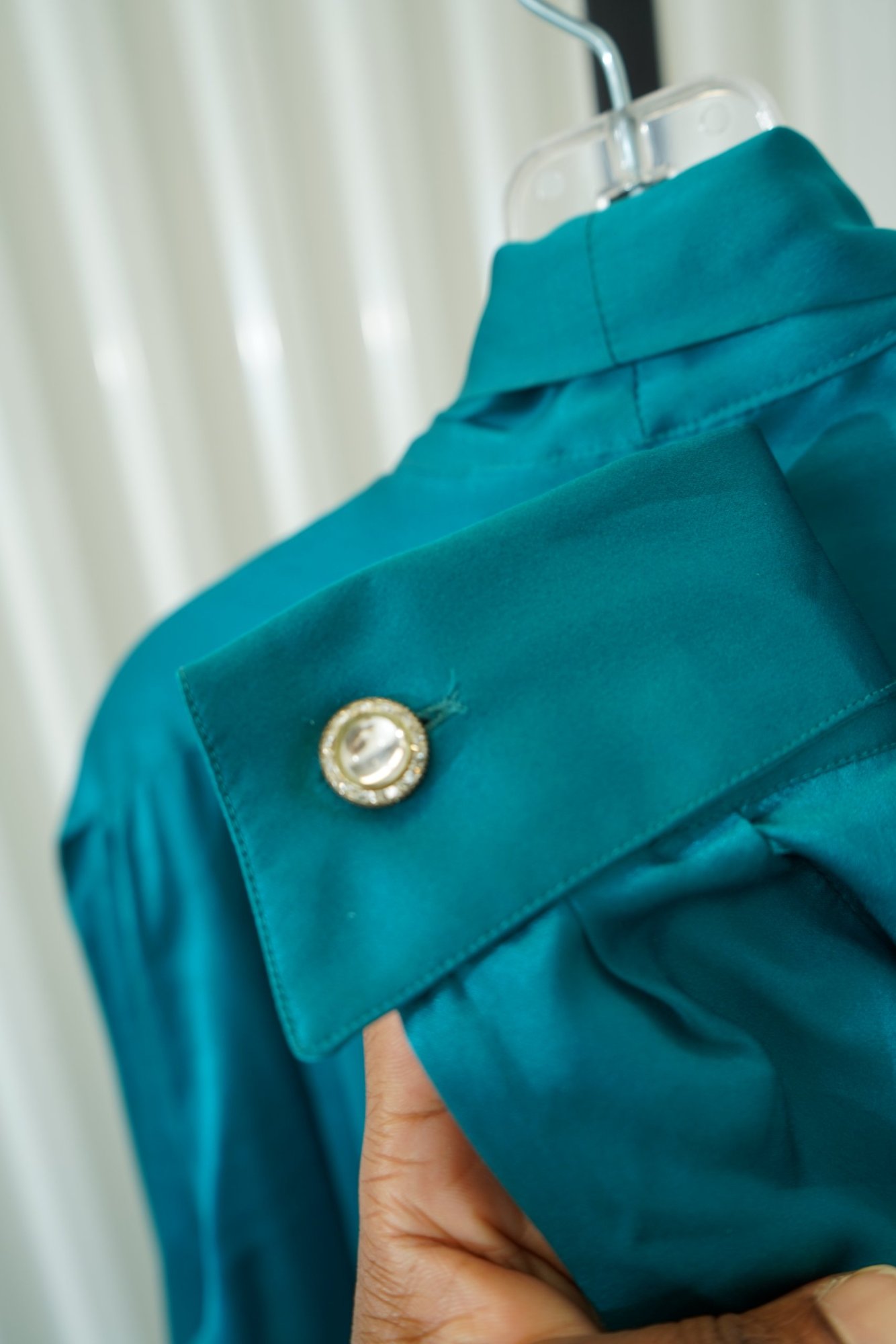 1970 Teal Silk Long Pleated Sleeve Tie Neck Button Down Blouse, image 7