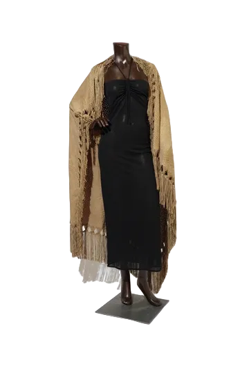 Thumbnail: Fendi Camel Suede Woven Leather Fringe Wrap Shawl