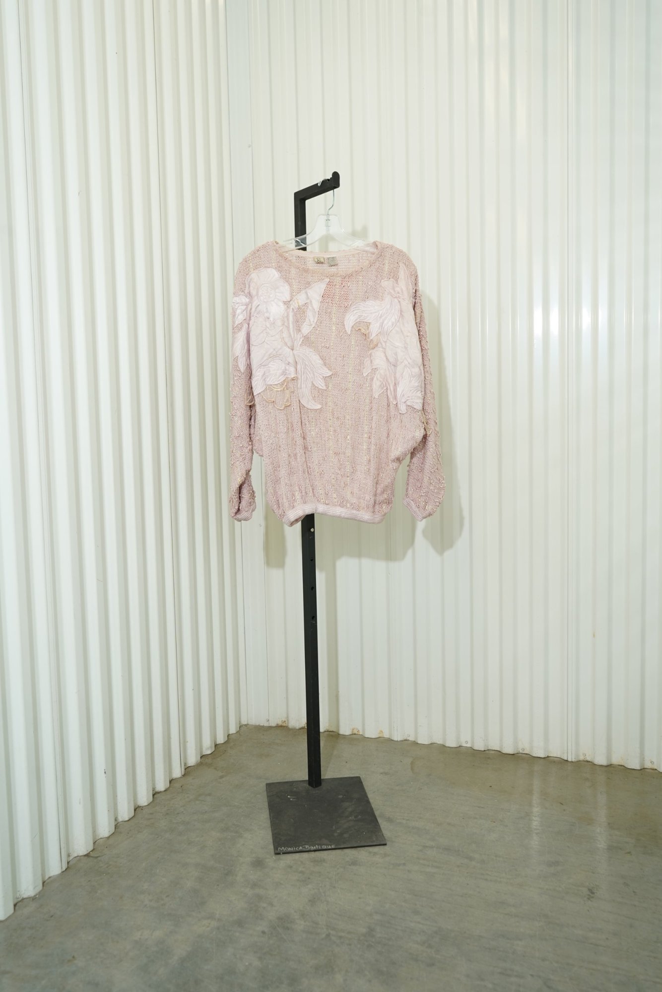 80s Chal Var Pink Satin Ribbon Floral Satin Appliqué Knit Pullover, image 3