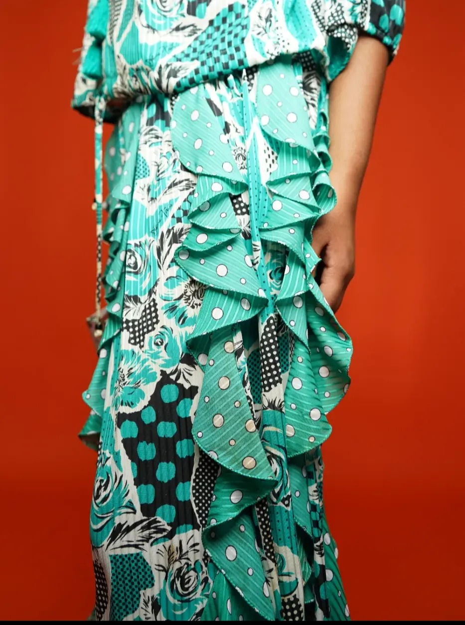 Thumbnail: Diane Freis Green Multi-Colored Flower  & Polkadot Skirt Set