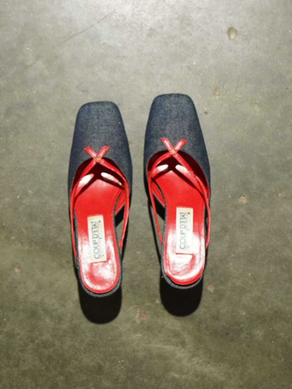 Coup d'État Denim & Red Leather Bow Kitten Mule — image 5