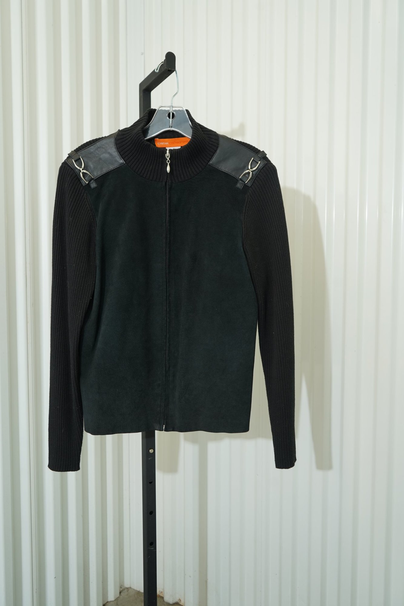 Y2K Cynthia Steffe Black Mixed-Media Ribbed Knit & Suede Moto Zip Jacket, image 5