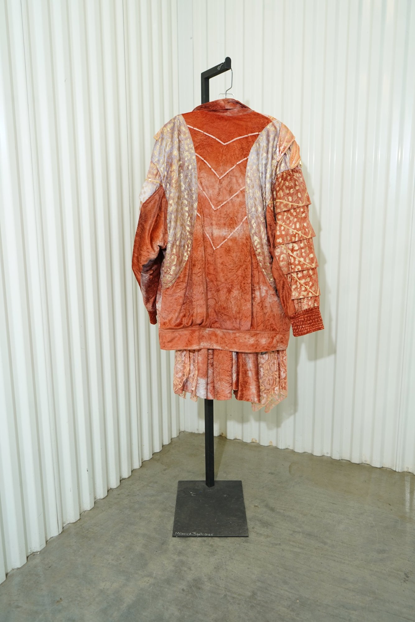 1990s Peach Crushed Velvet Metallic Brocade Lace Avant-Garde Skirt/Jacket Set, image 4