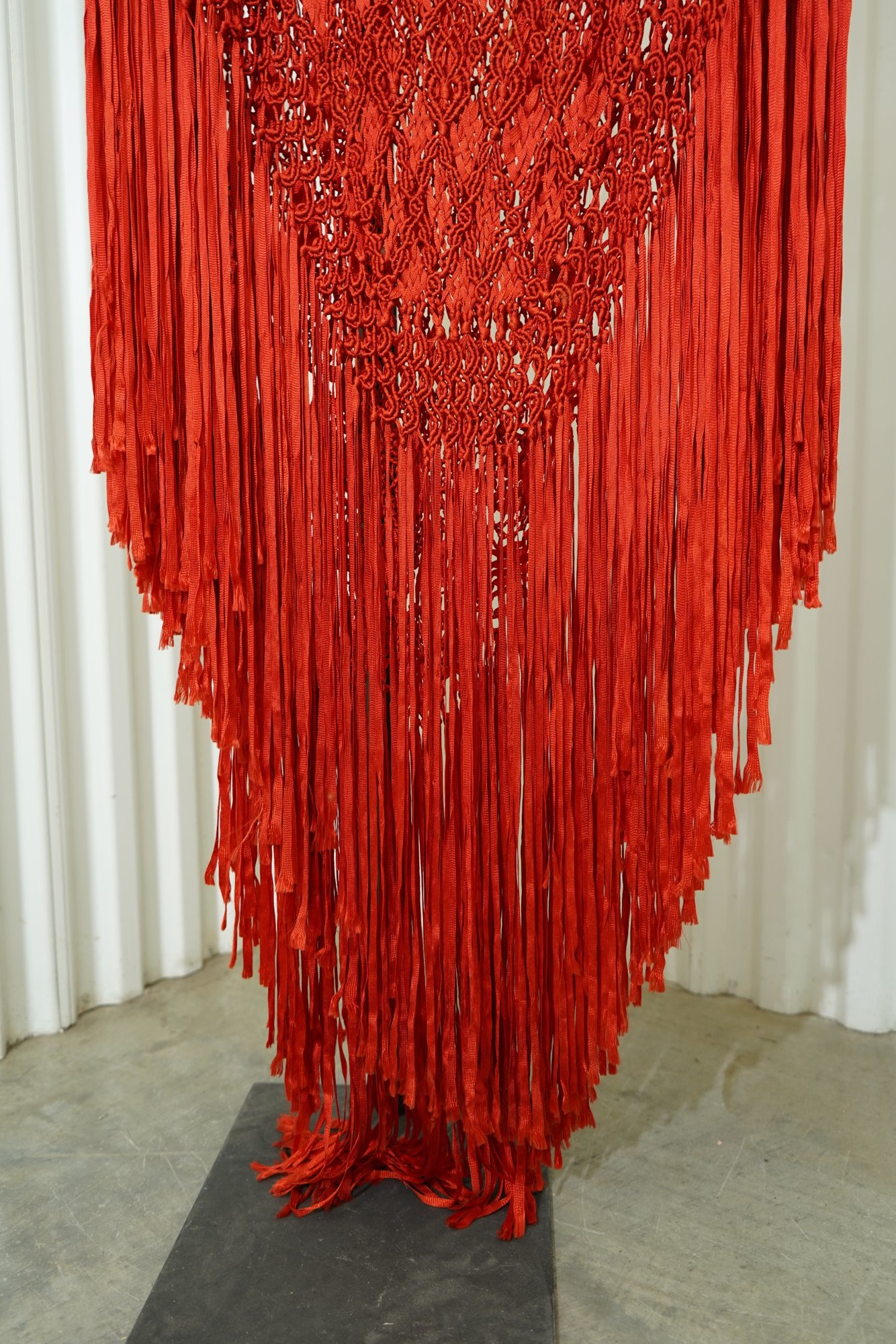 1970 Vintage Silk Macramé Poncho in Cherry Red, Long Fringe, image 5