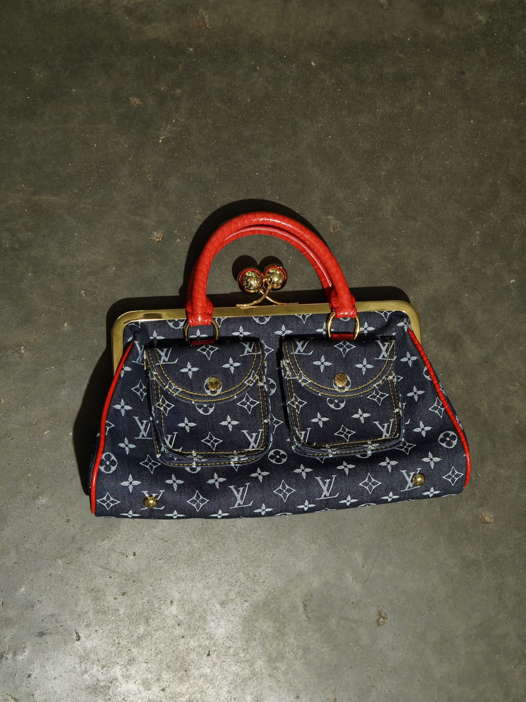 Y2K Denim Monogram Kiss-Lock Mini Bag with Red Croc Handle — image 2