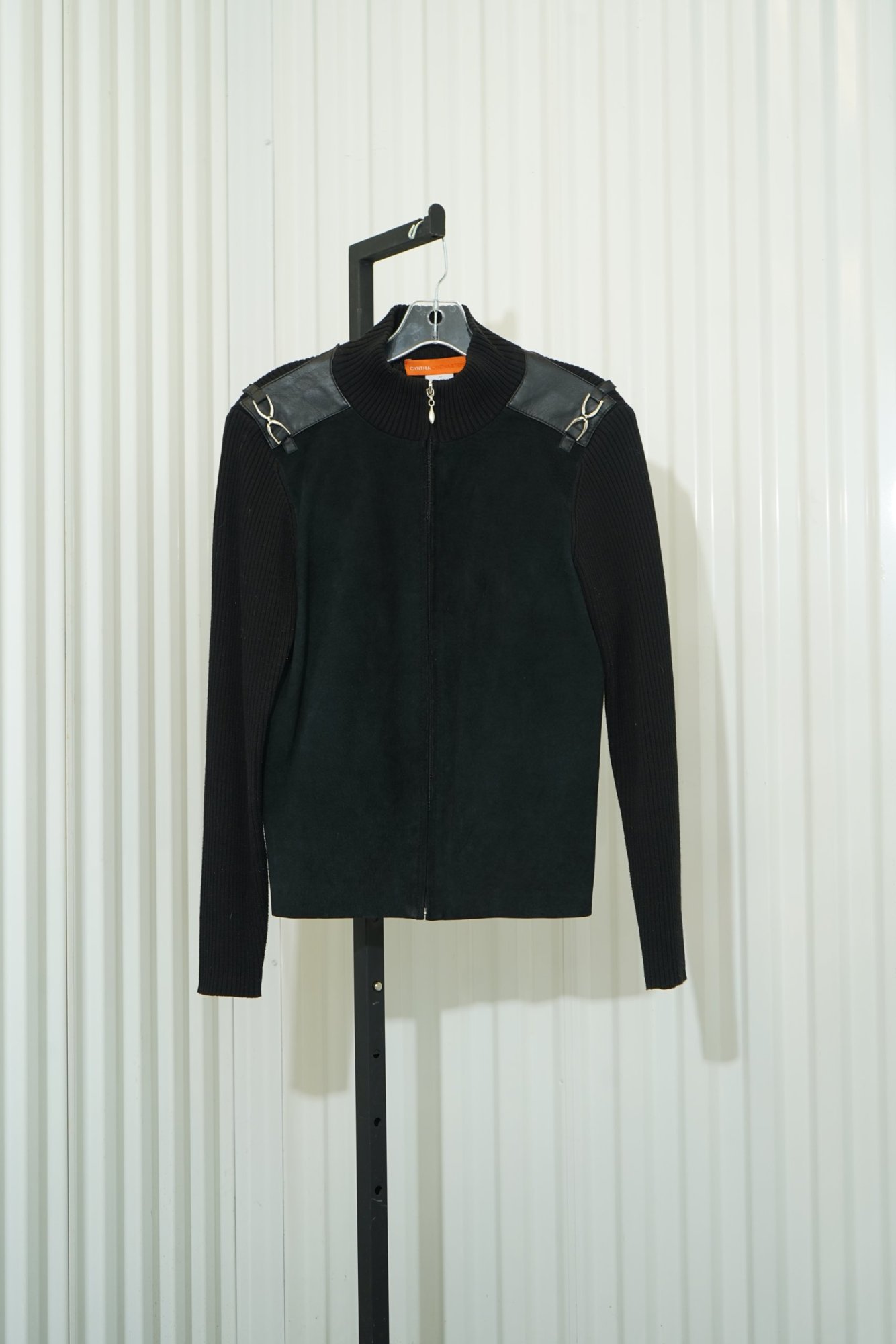 Y2K Cynthia Steffe Black Mixed-Media Ribbed Knit & Suede Moto Zip Jacket, image 2