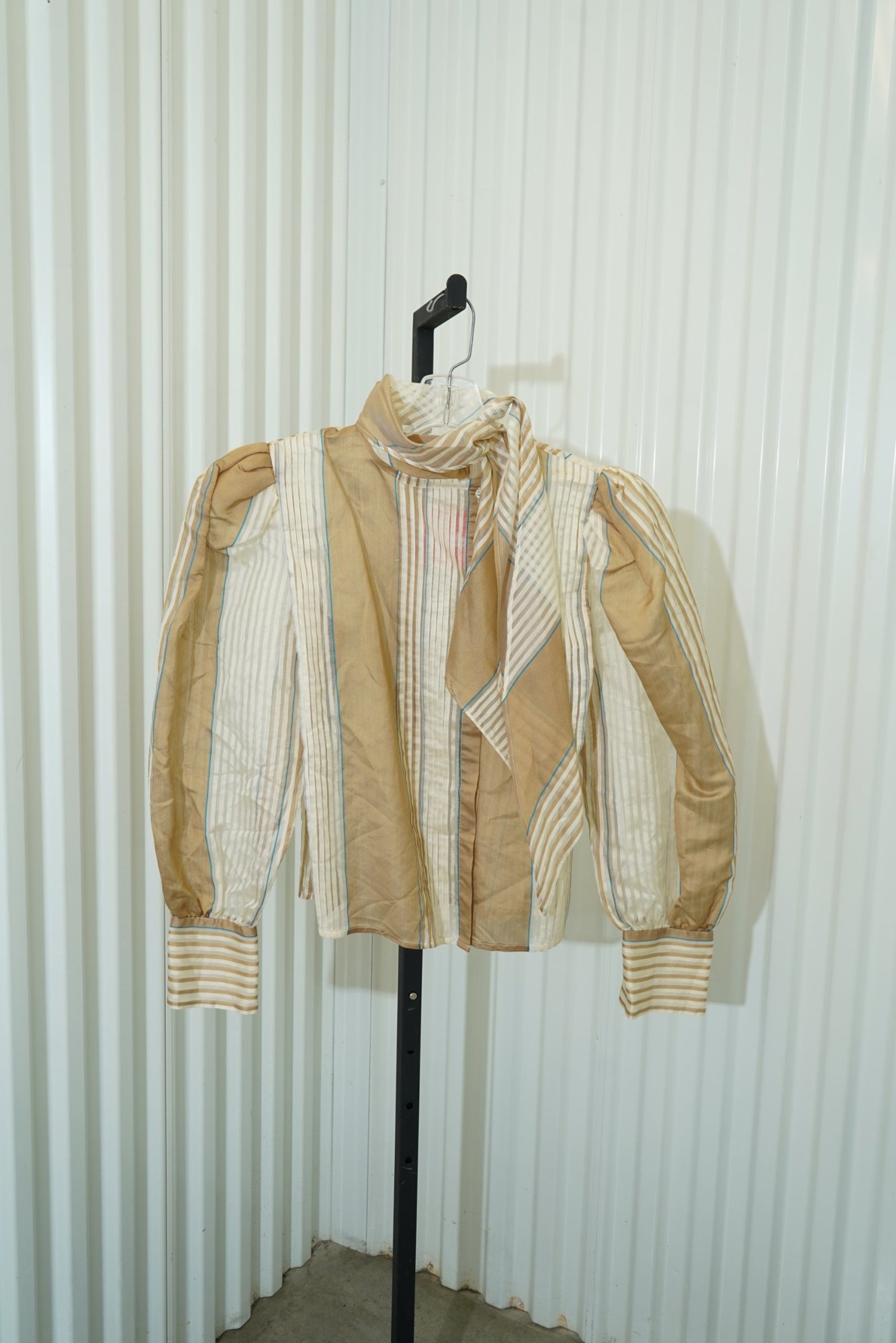 MALBE 1970s Mable Gold/Cream Sheer Striped Pesant Sleeve Tie Neck Blouse, image 3