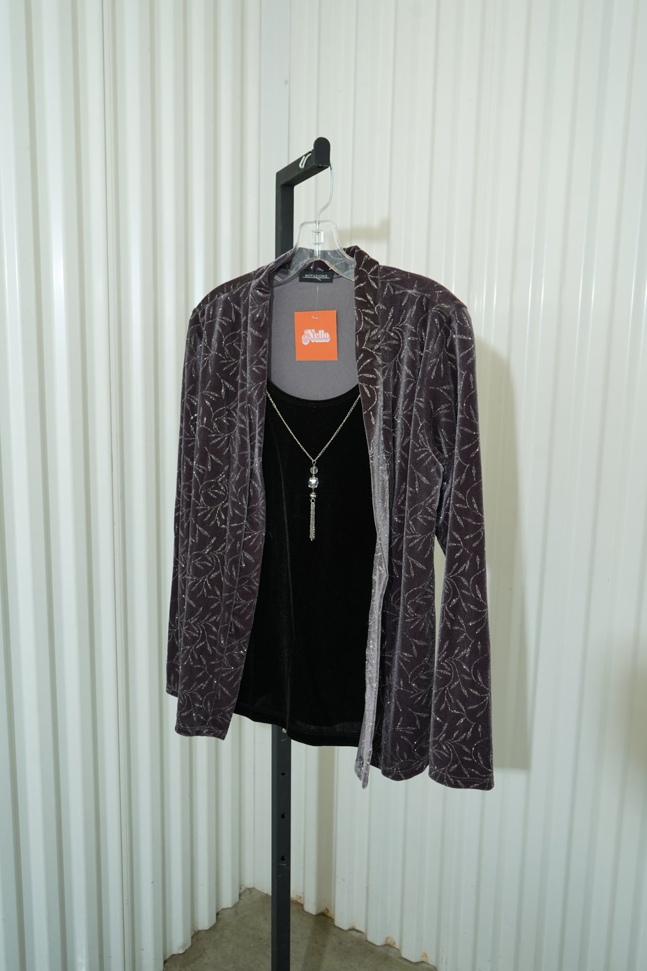 90s Notations Charcoal Silver Leaf Foil Velvet Open Cardigan, image 3
