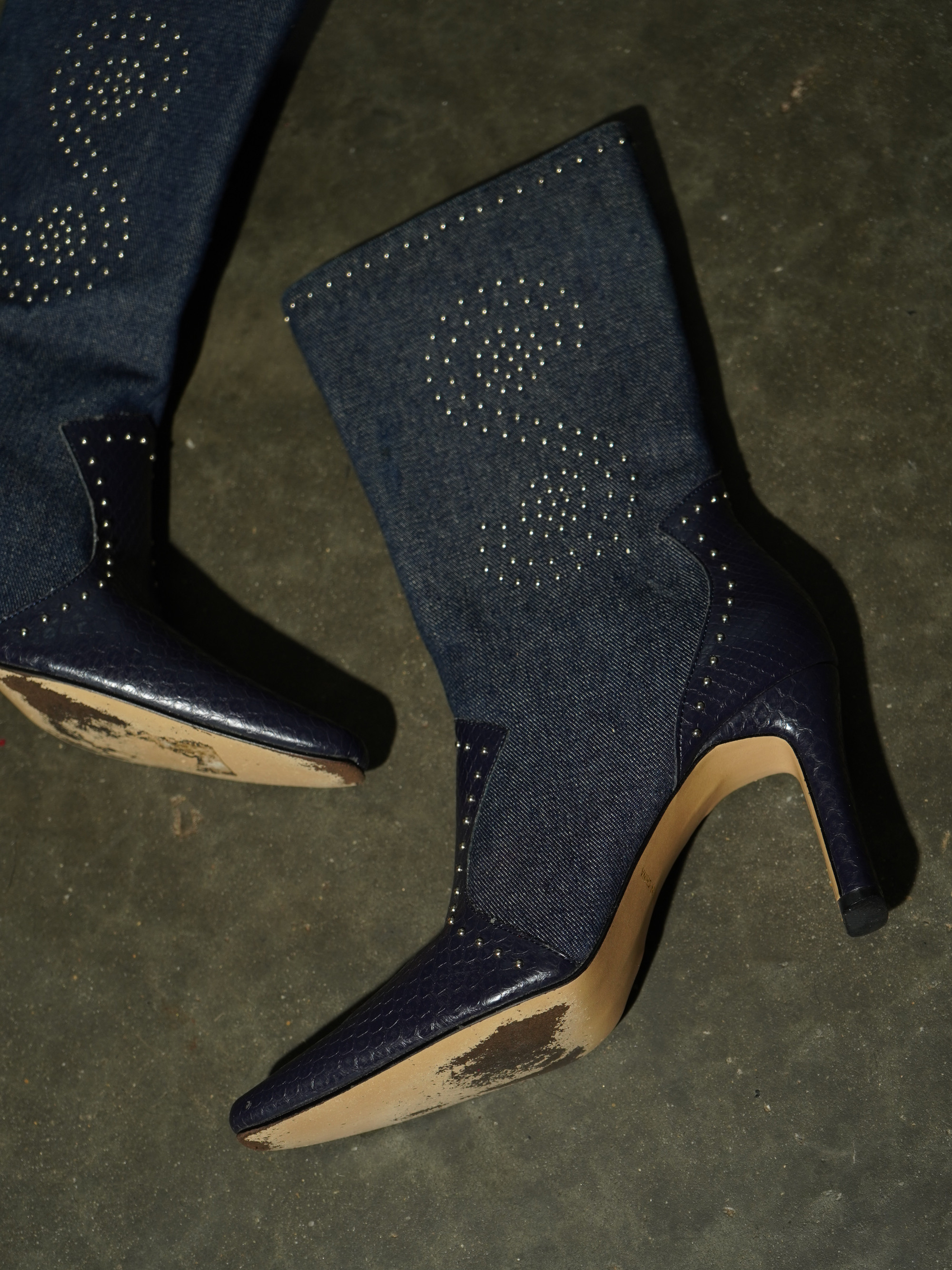 Denim & Dark Reptile Studded Heart Stiletto Boot — image 8