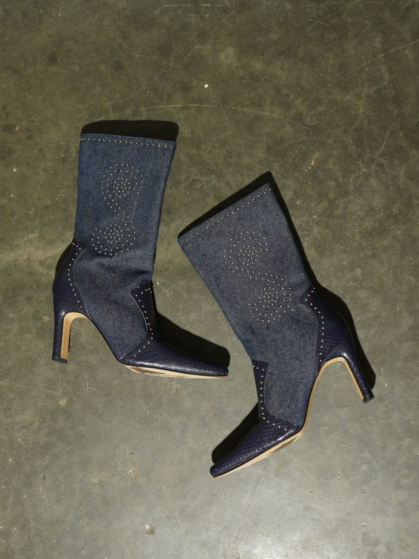 Denim & Dark Reptile Studded Heart Stiletto Boot — image 5