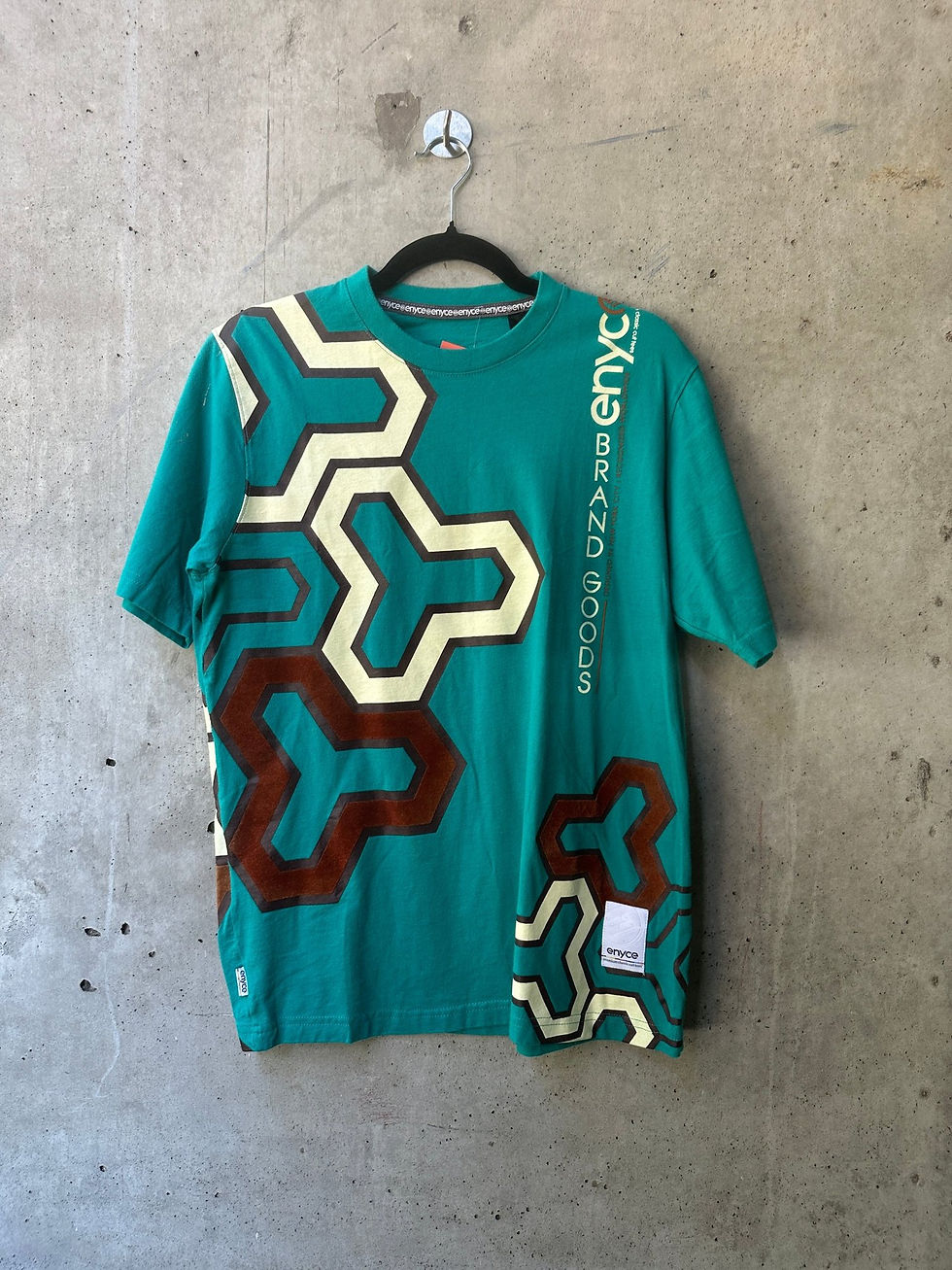 1990s enyce Teal Pentagon Abstract Velor Graphic Print T-Shirt