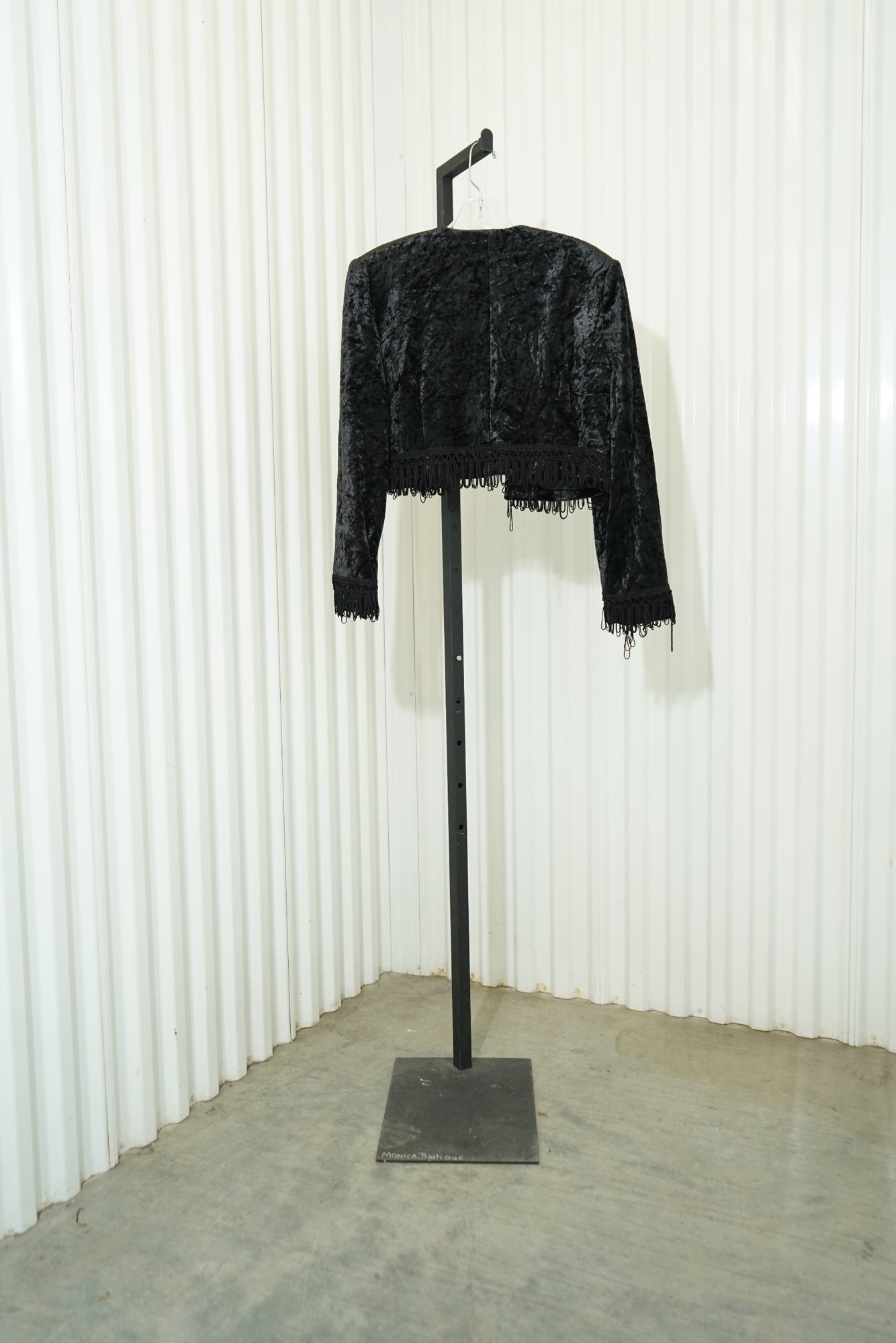 1980s-1990s Upway Collection black crushed velvet open front jacket with fringe, image 7