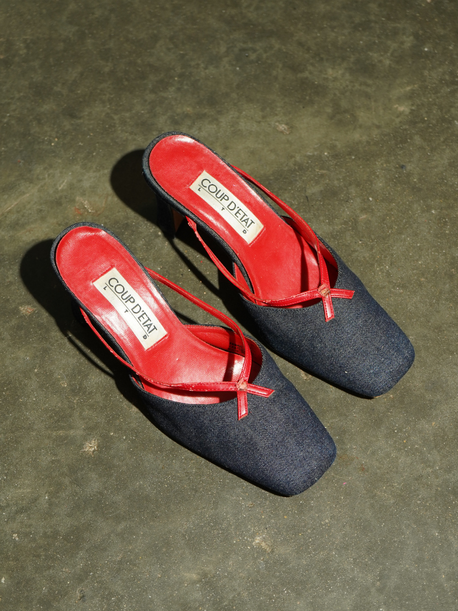 Coup d'État Denim & Red Leather Bow Kitten Mule — image 3
