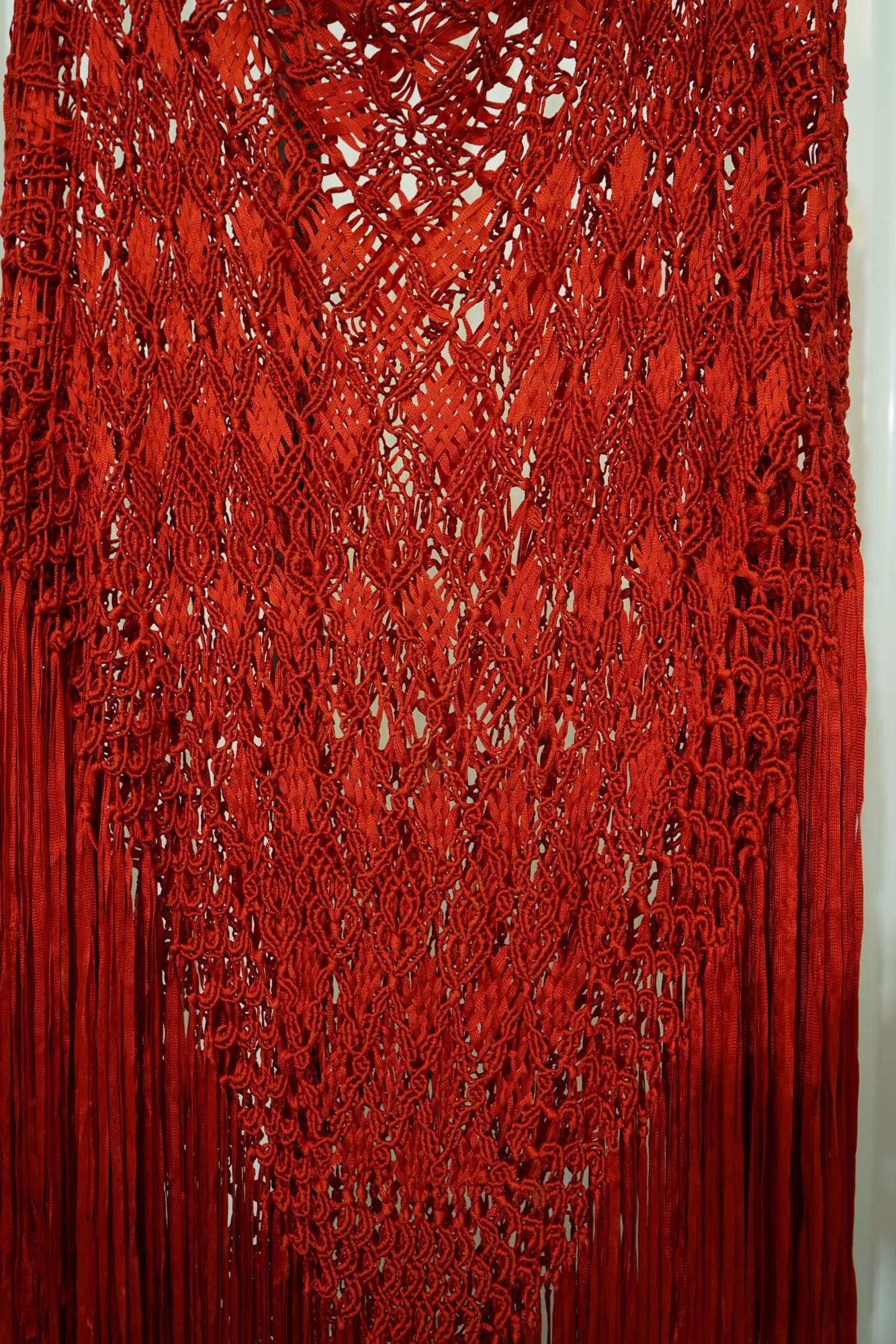 1970 Vintage Silk Macramé Poncho in Cherry Red, Long Fringe, image 4