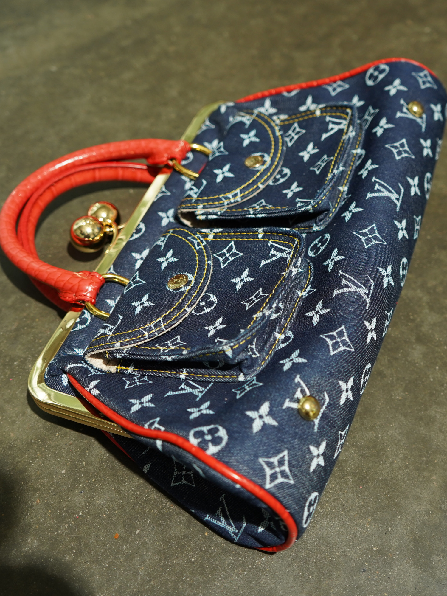 Y2K Denim Monogram Kiss-Lock Mini Bag with Red Croc Handle — image 5