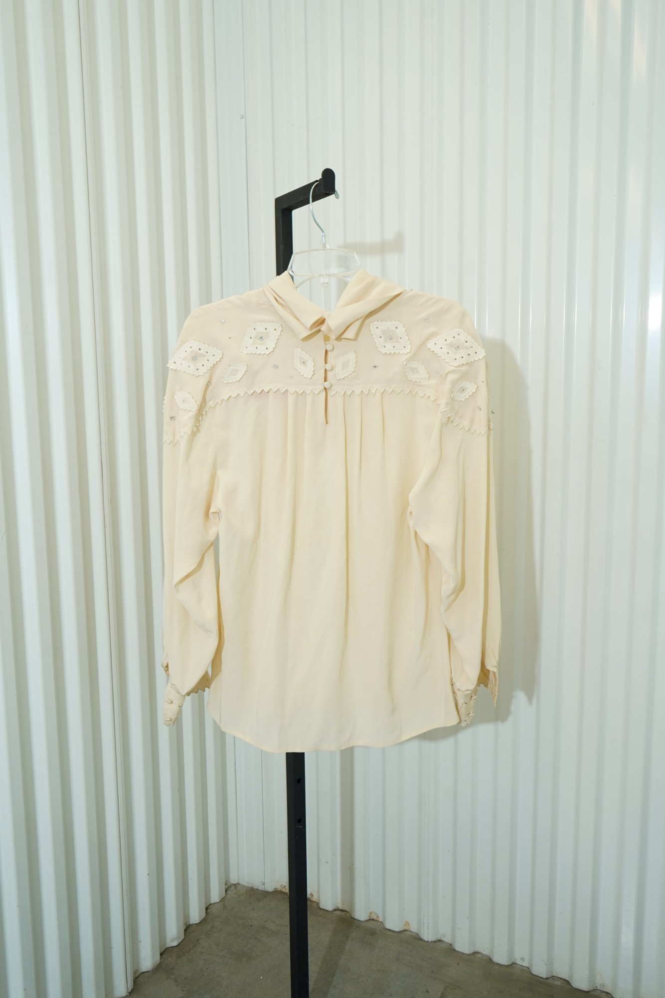 1970s Levanté Ivory Diamond Cutout Western Cowl Neck Beaded Long Sleeve Blouse, image 7