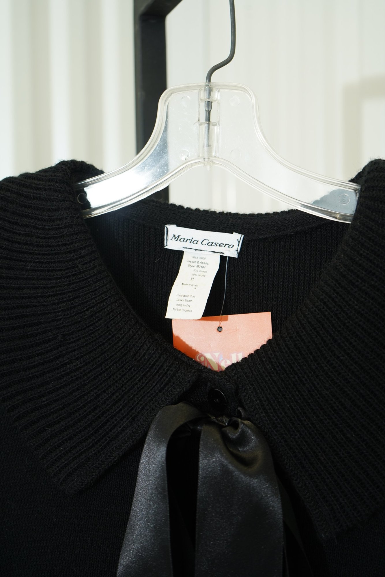 90s Maria Casero Black Satin Ribbon tie Ribbed Layered Trim Cardigan Sweater, image 4