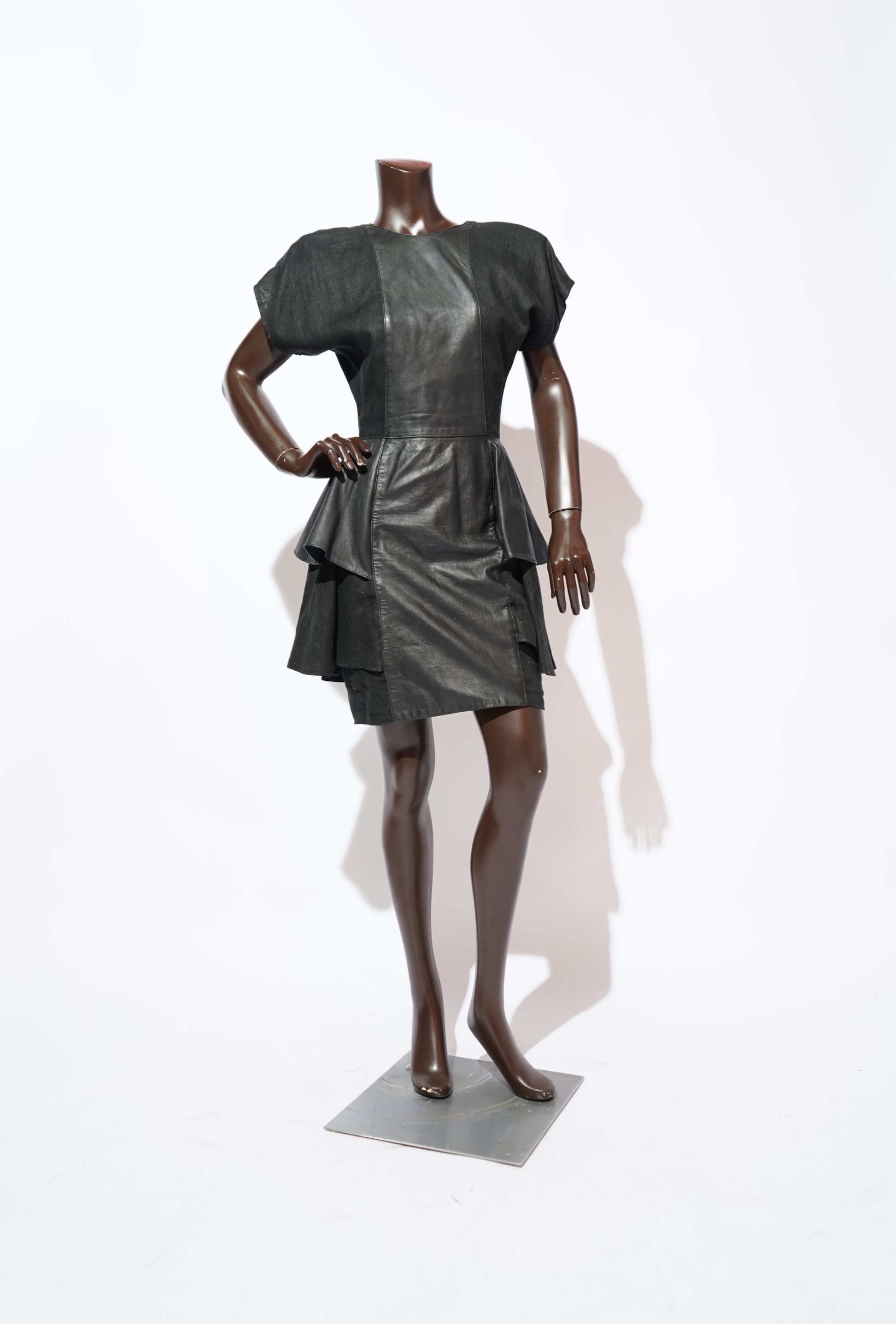 Dali Melamé Black Leather & Denim Mixed-Media Peplum Mini Dress 1980's — image 2