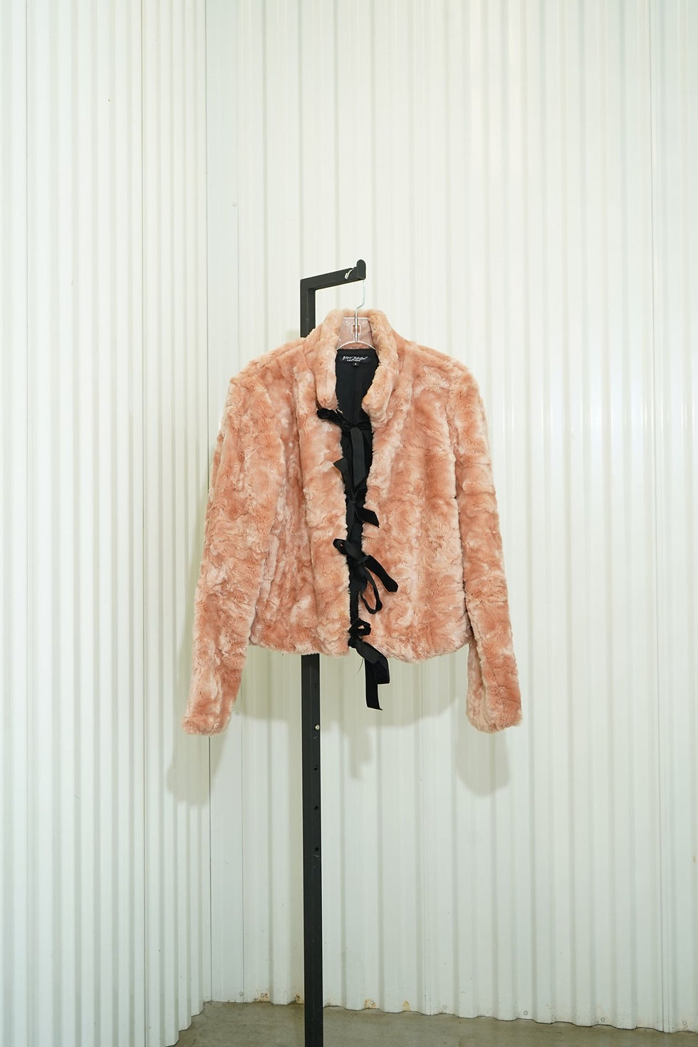 1990s-2000s Betsey Johnson New York Faux Blush Pink Fur Jacket with Ribbon Tie…