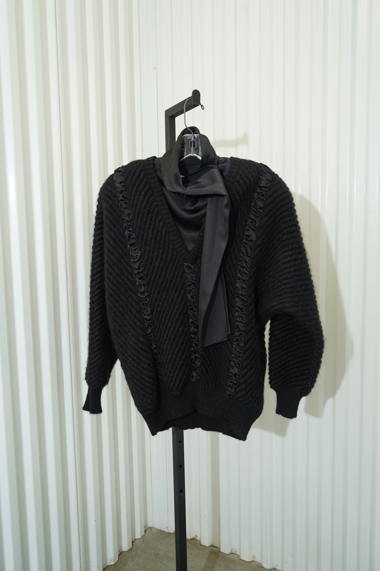70s Black Ruffle Skilk Trim V Neck Layered Mohair Sweater -- Made in Italy, image 2