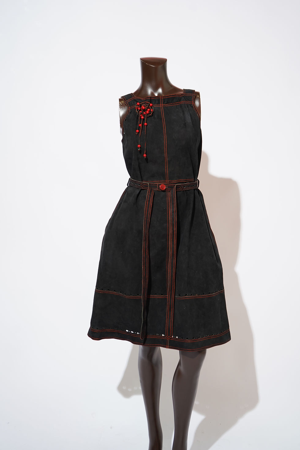 Thumbnail: 1970s John Muir Black Suede Dress with Red Topstitching & Leather Belt