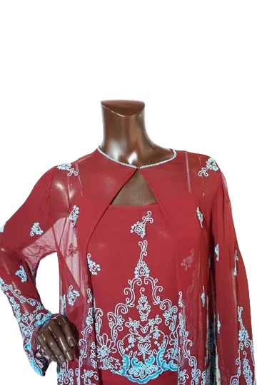Thumbnail: 1990s Camille Morgan Burgundy Embroidered Chiffon Two-Piece Set