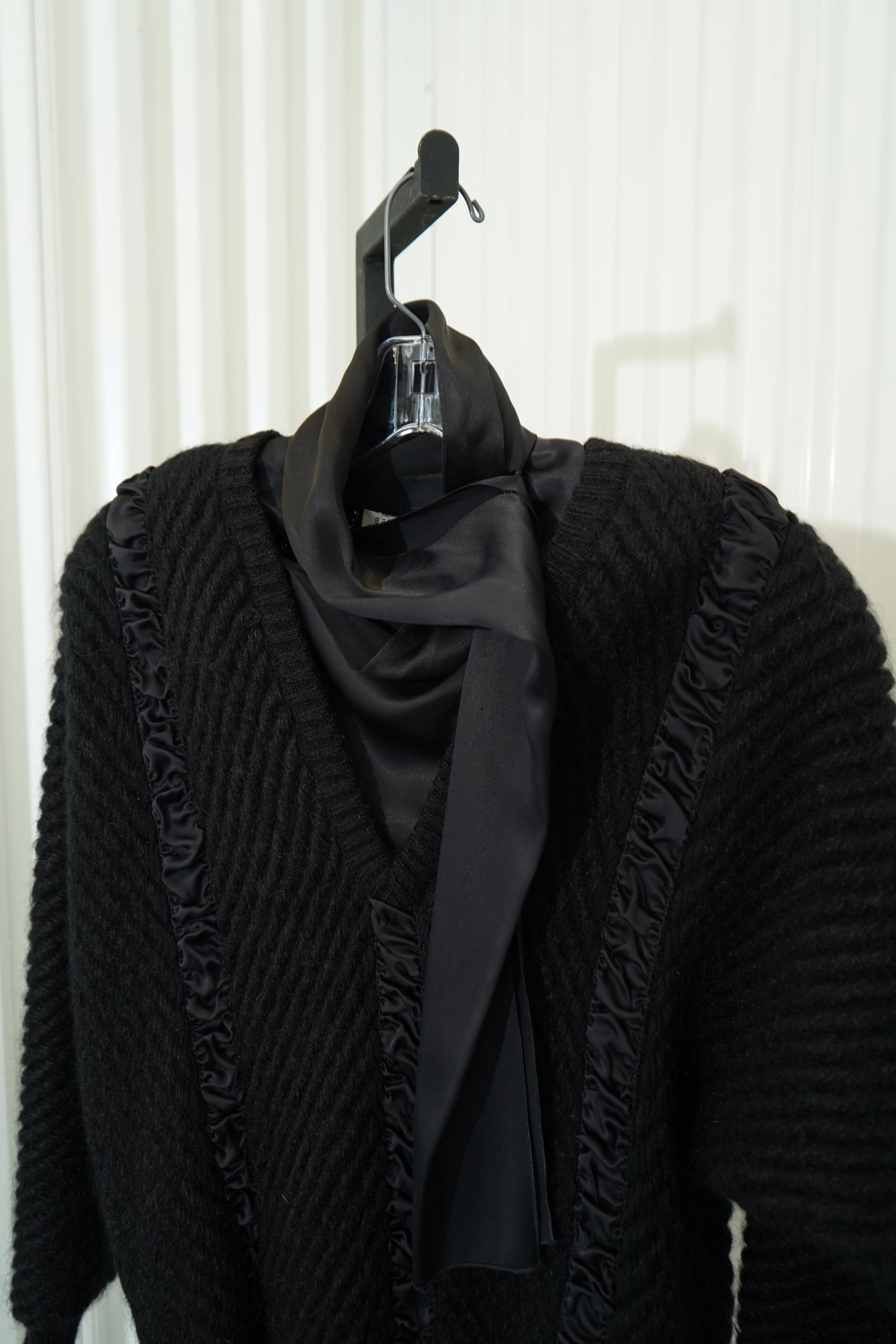 70s Black Ruffle Skilk Trim V Neck Layered Mohair Sweater -- Made in Italy, image 4
