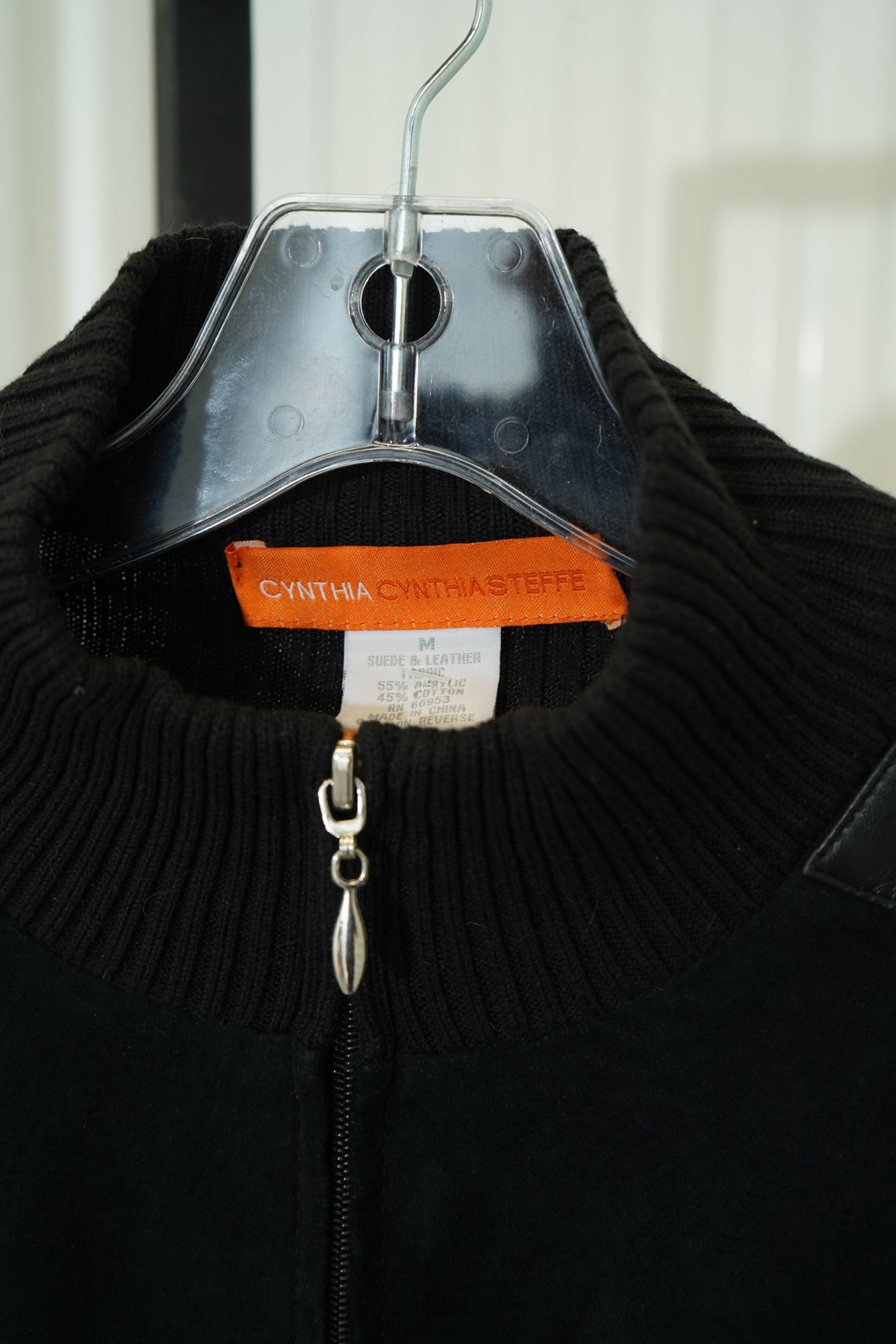 Y2K Cynthia Steffe Black Mixed-Media Ribbed Knit & Suede Moto Zip Jacket, image 3