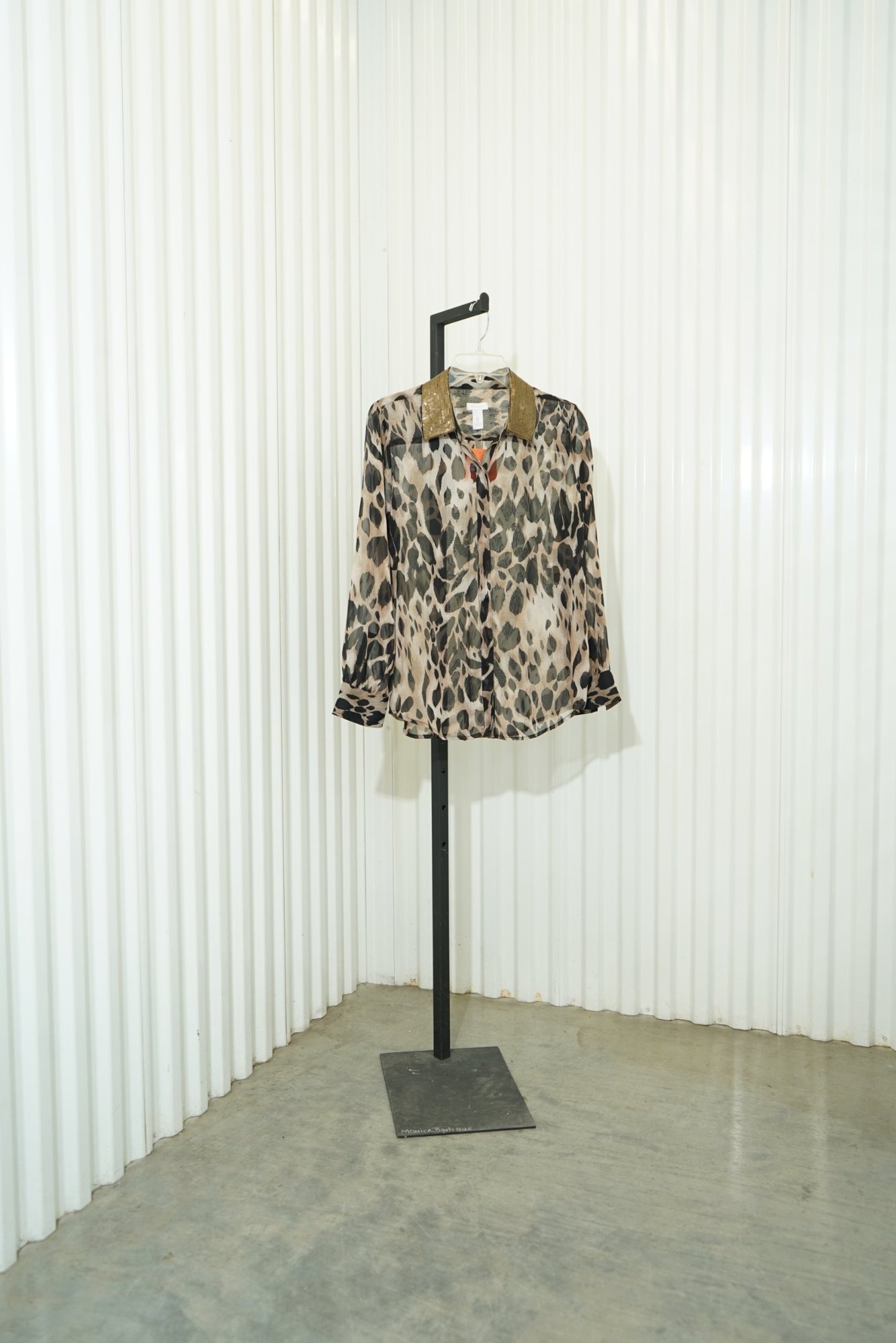 Chicos Sheer Animal Print Gold Sequin Collar Button Down, image 2