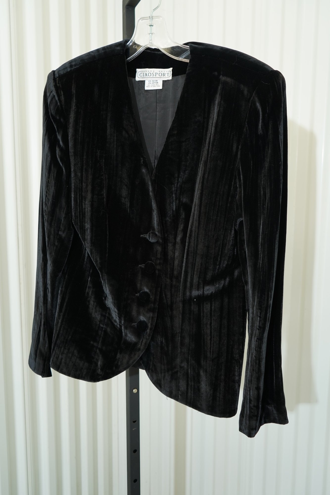 80s Sanda Roth Ciao Sport Black Crushed Velvet Collareless Jacket Deep V Open F…, image 3