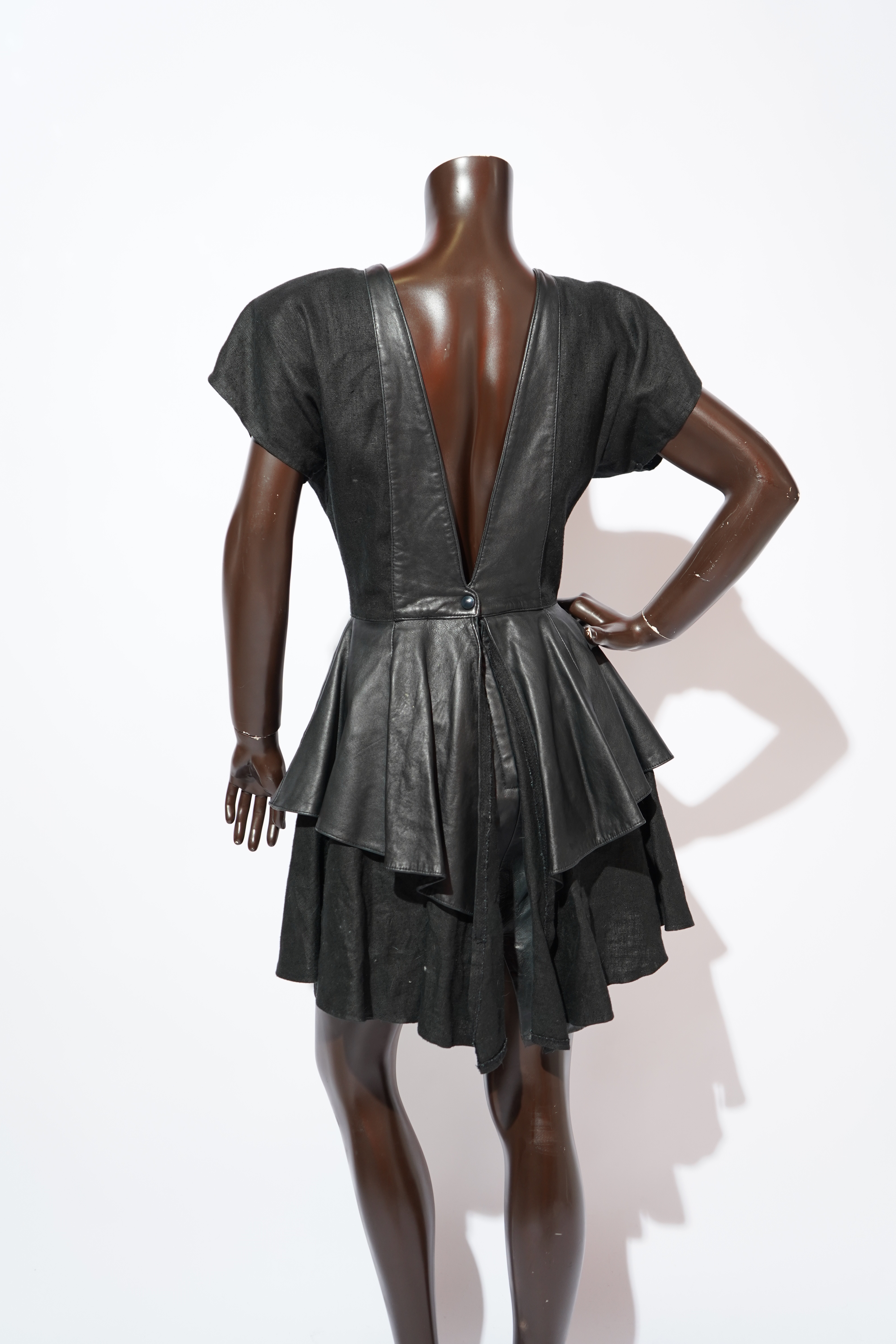 Dali Melamé Black Leather & Denim Mixed-Media Peplum Mini Dress 1980's — image 3