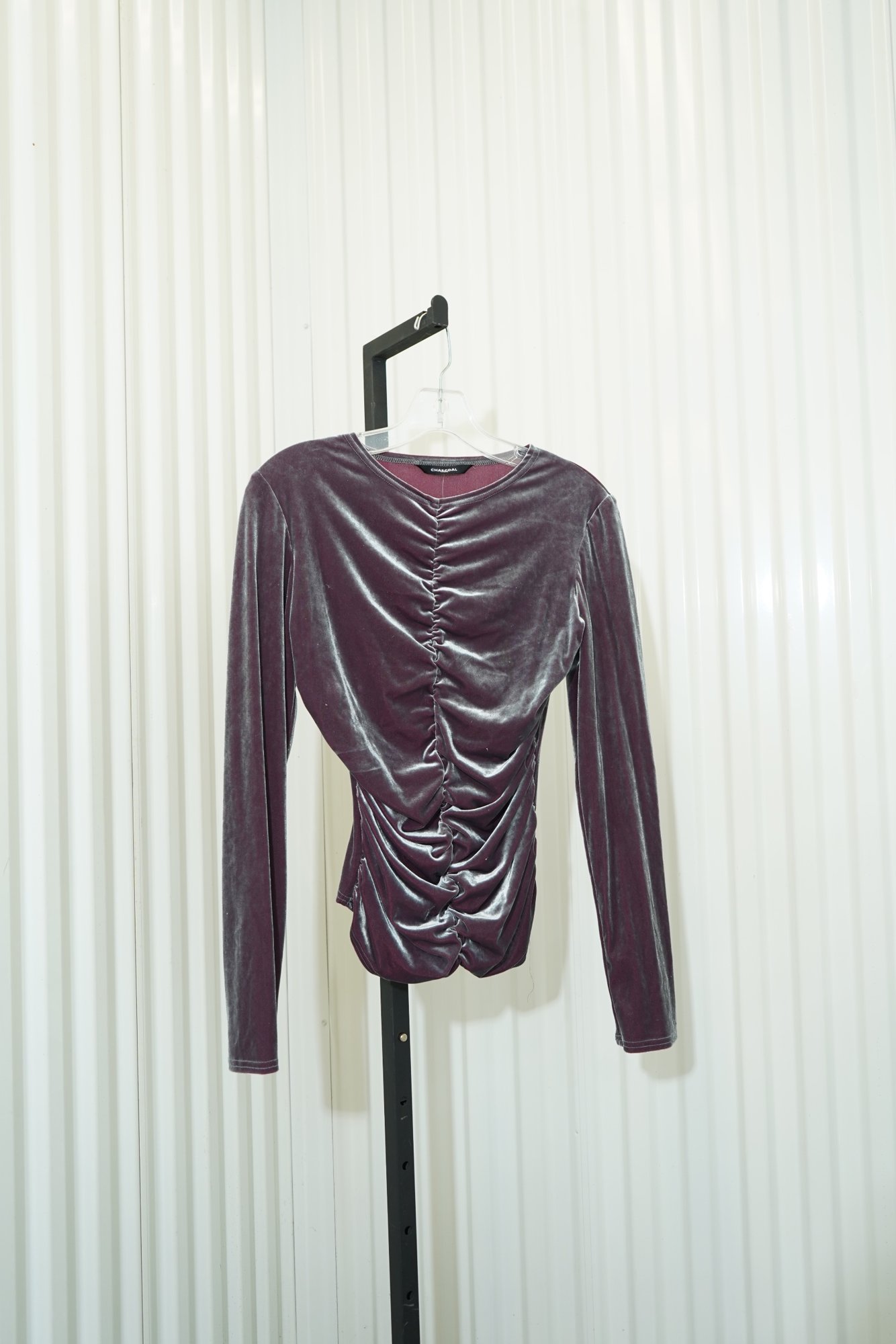 Y2K Charcoal Velvet ruched mauve iridescent long sleeve-top, image 4