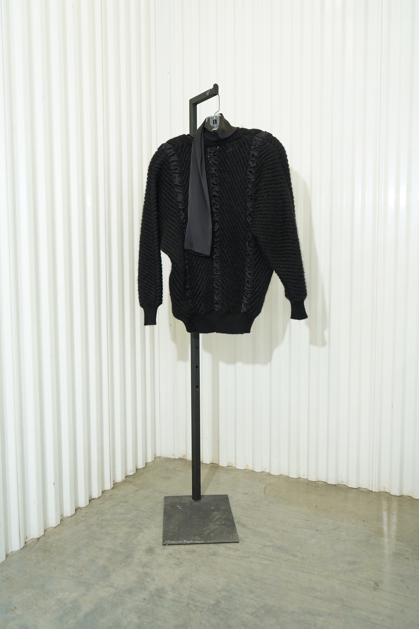 70s Black Ruffle Skilk Trim V Neck Layered Mohair Sweater -- Made in Italy, image 7