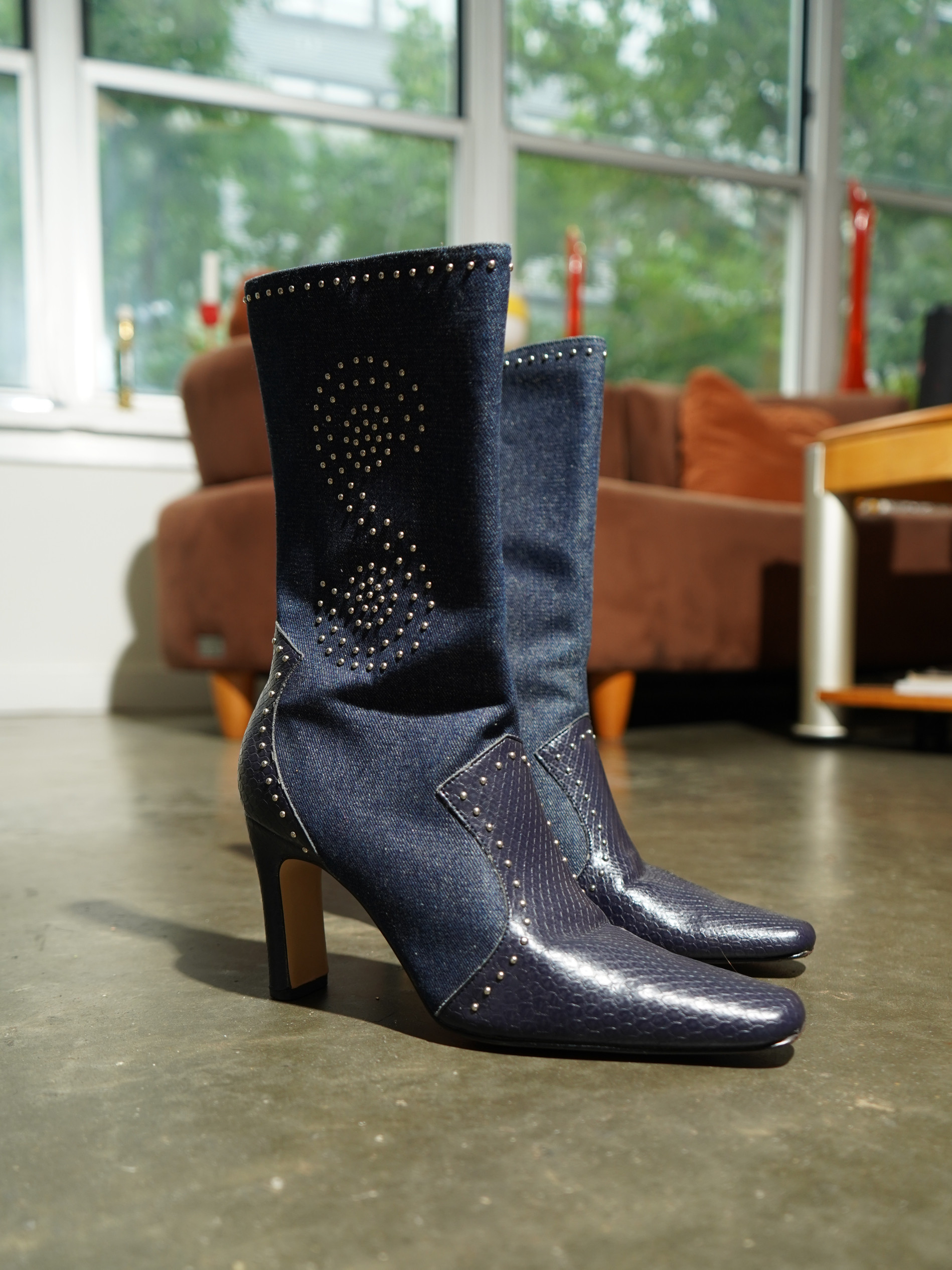 Denim & Dark Reptile Studded Heart Stiletto Boot — image 2