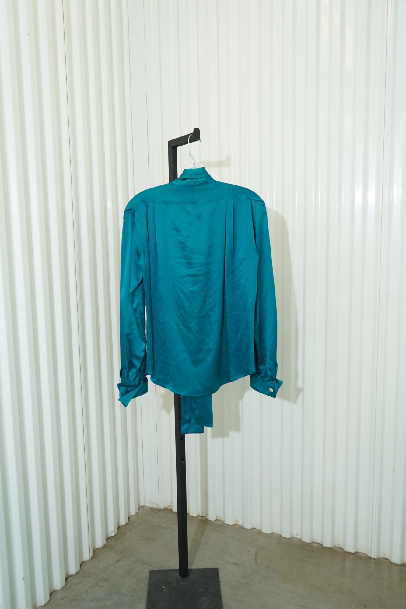 1970 Teal Silk Long Pleated Sleeve Tie Neck Button Down Blouse, image 6
