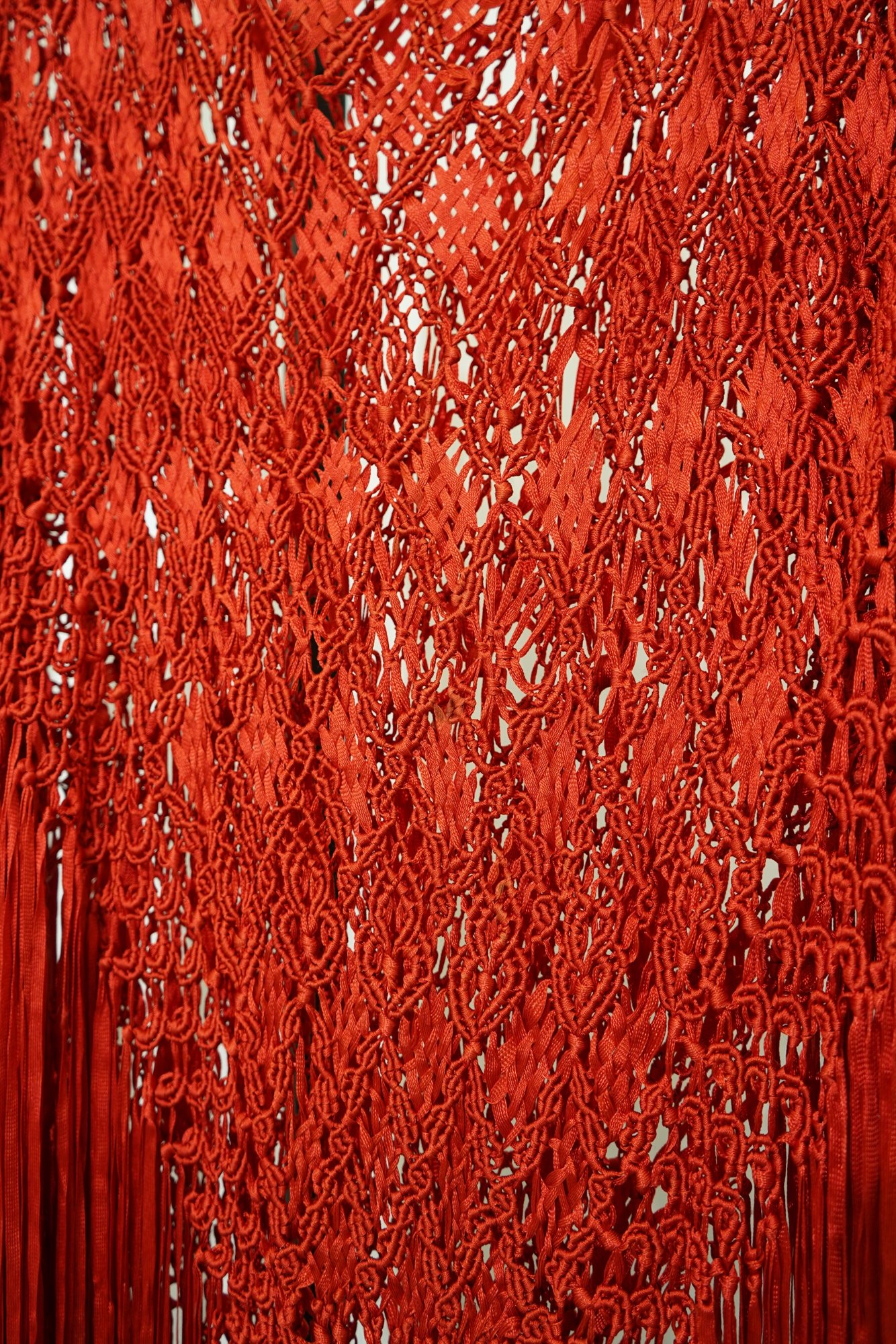 1970 Vintage Silk Macramé Poncho in Cherry Red, Long Fringe, image 7