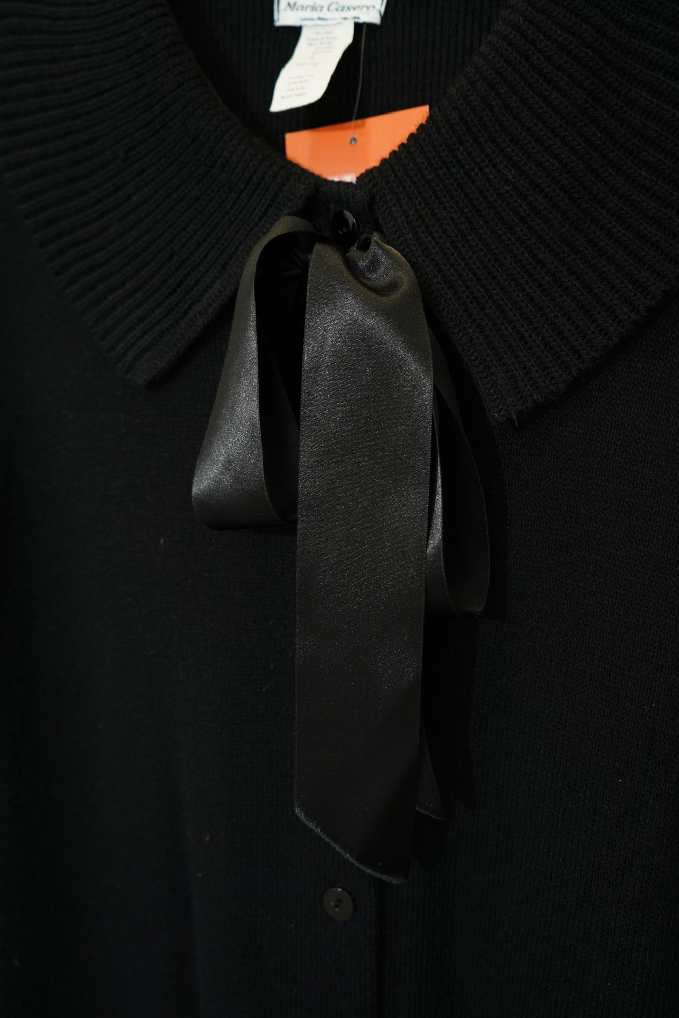 90s Maria Casero Black Satin Ribbon tie Ribbed Layered Trim Cardigan Sweater, image 5