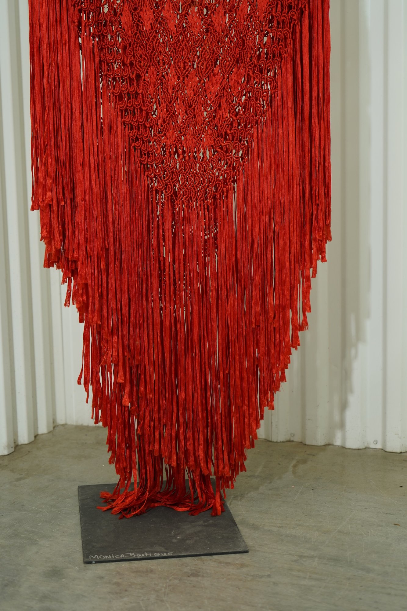 1970 Vintage Silk Macramé Poncho in Cherry Red, Long Fringe, image 3