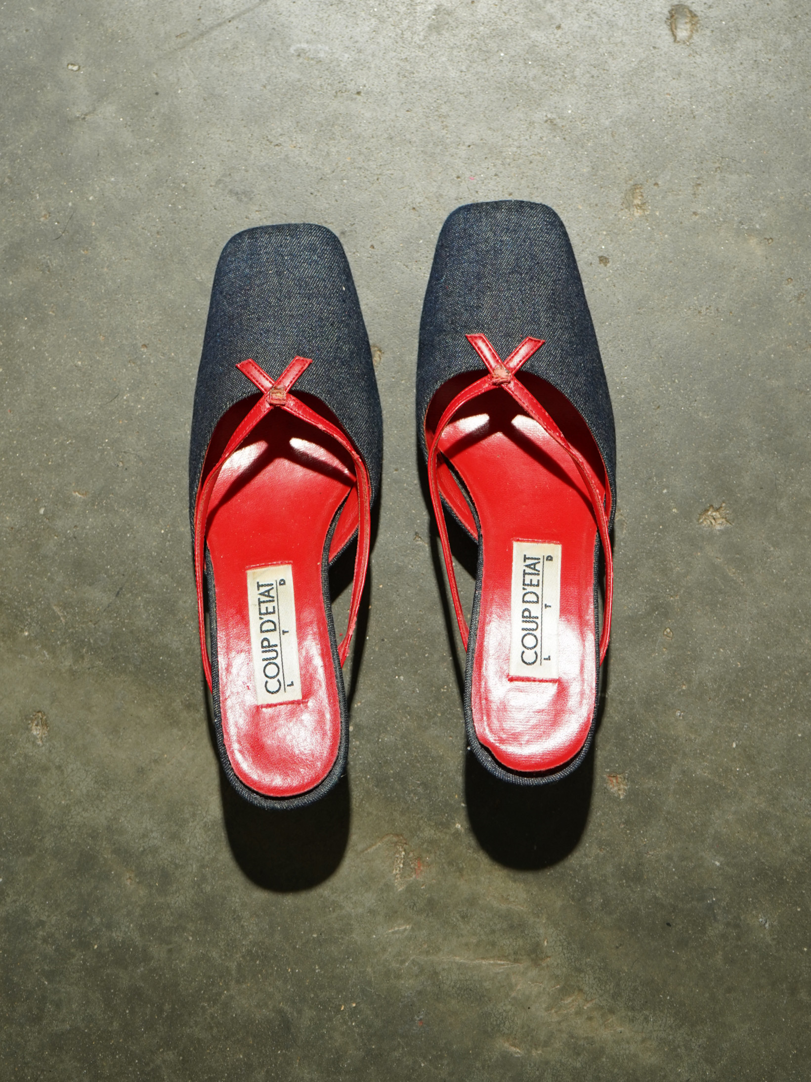 Coup d'État Denim & Red Leather Bow Kitten Mule — image 2