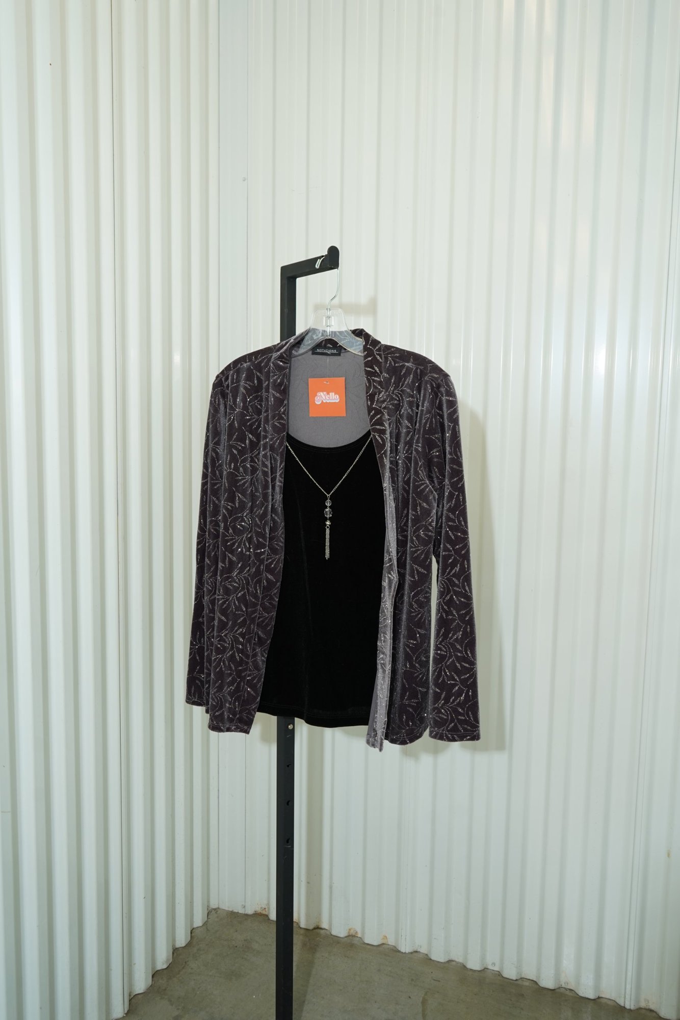 90s Notations Charcoal Silver Leaf Foil Velvet Open Cardigan, image 4