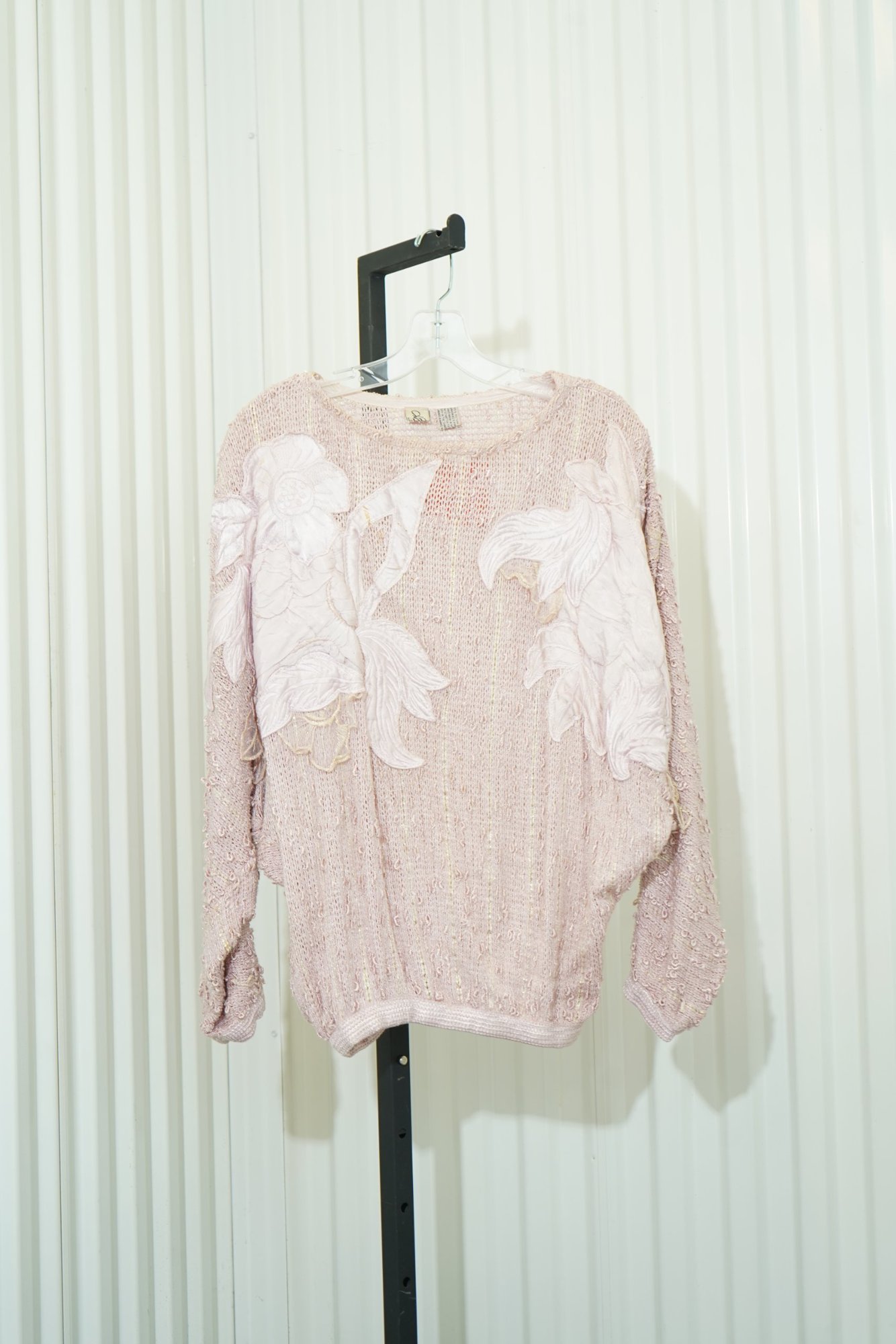 80s Chal Var Pink Satin Ribbon Floral Satin Appliqué Knit Pullover, image 2