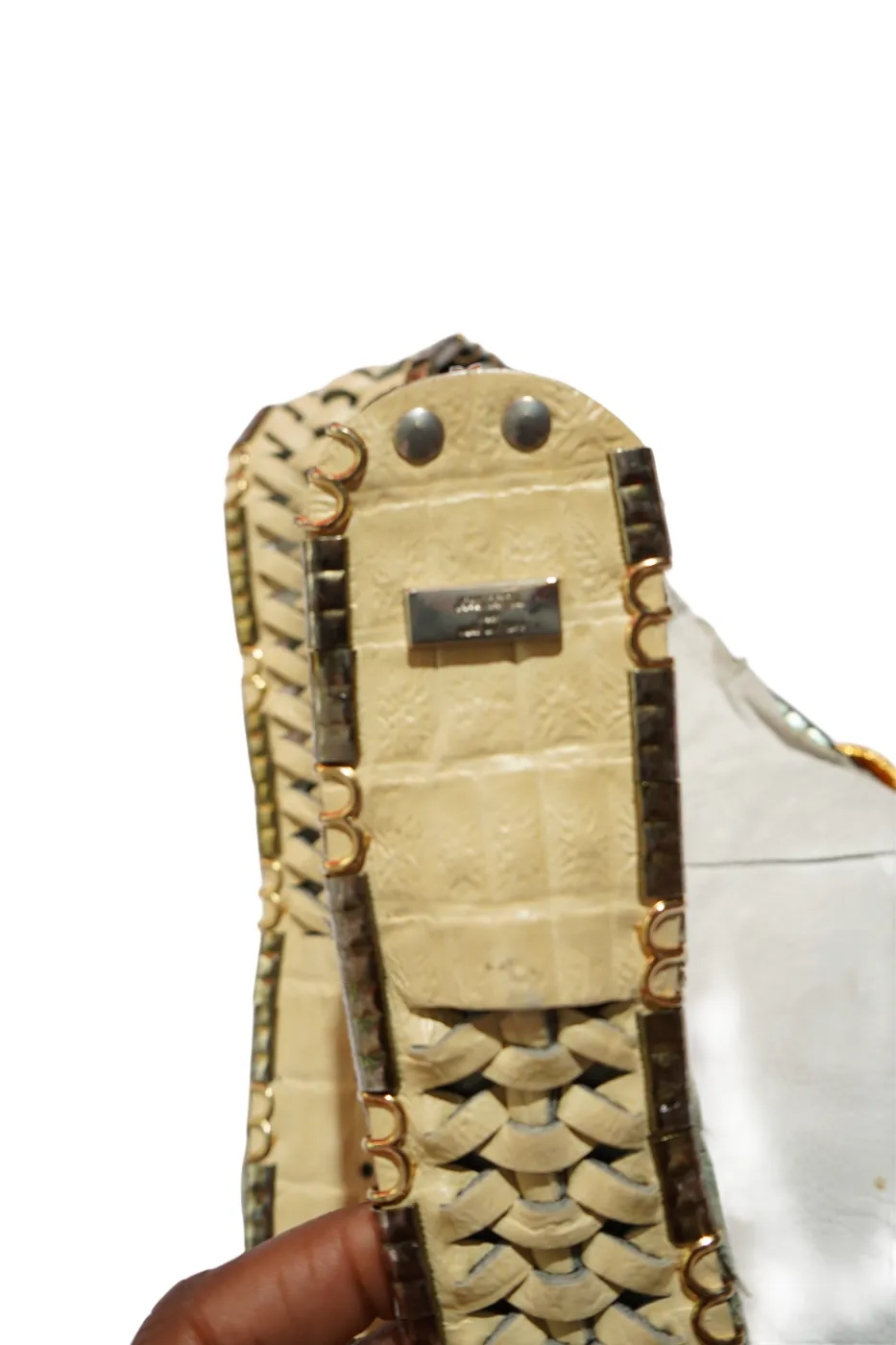 Thumbnail: José Coté Cream Woven Leather Wide Belt with Gold Sculptural Animal Buckle
