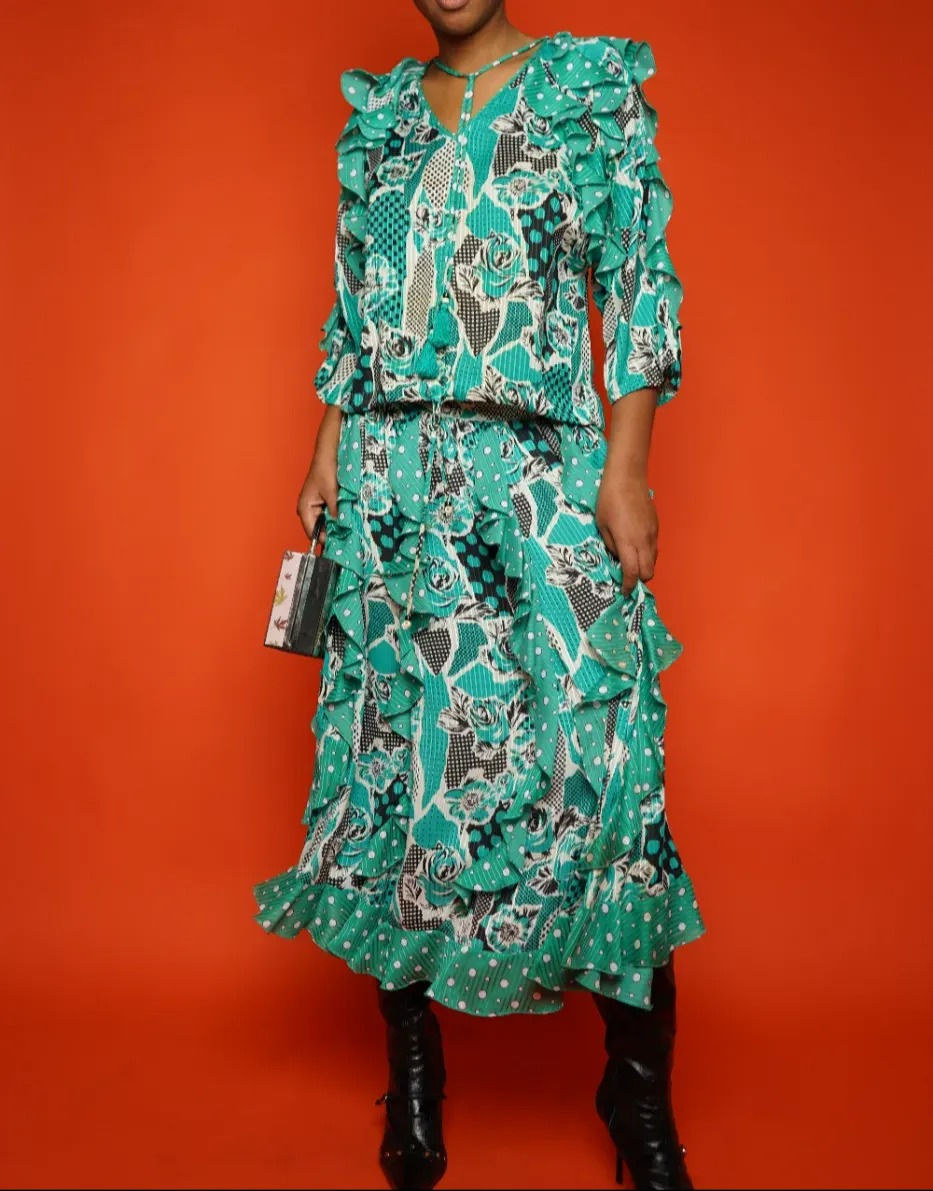 Thumbnail: Diane Freis Green Multi-Colored Flower  & Polkadot Skirt Set