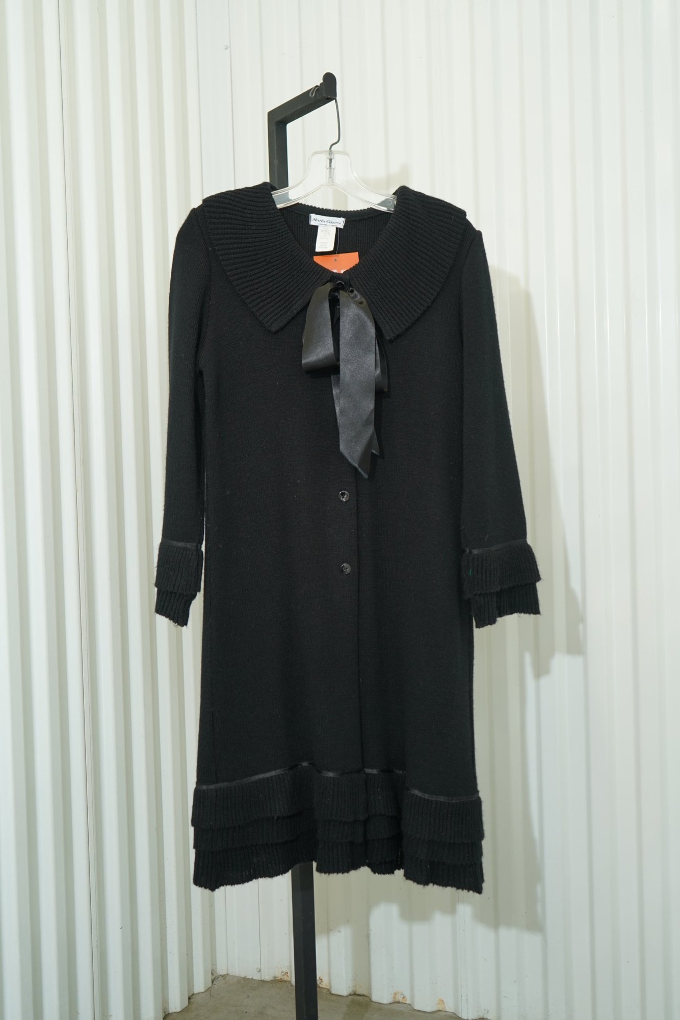 90s Maria Casero Black Satin Ribbon tie Ribbed Layered Trim Cardigan Sweater, image 2