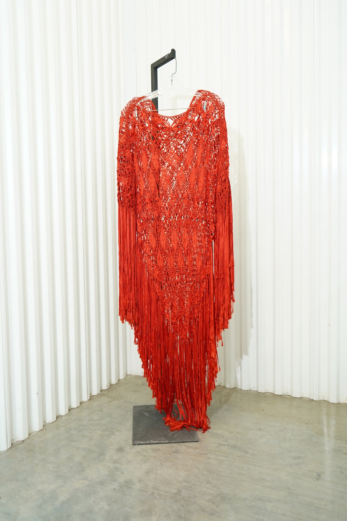 1970 Vintage Silk Macramé Poncho in Cherry Red, Long Fringe, image 8
