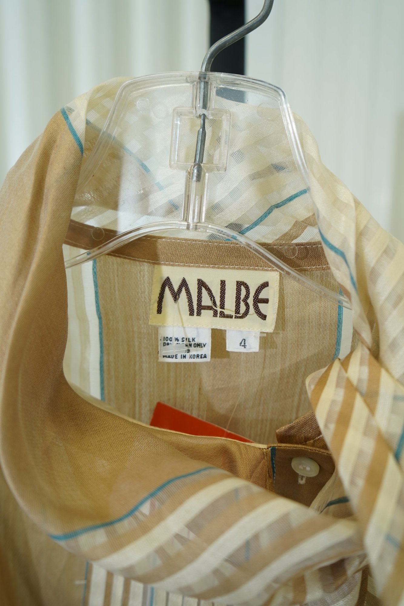 MALBE 1970s Mable Gold/Cream Sheer Striped Pesant Sleeve Tie Neck Blouse, image 5